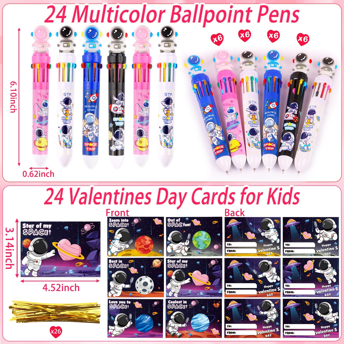 Envotek 24-Pack Valentines Gift Set — 10-in-1 Multicolor Pens & Space Cards