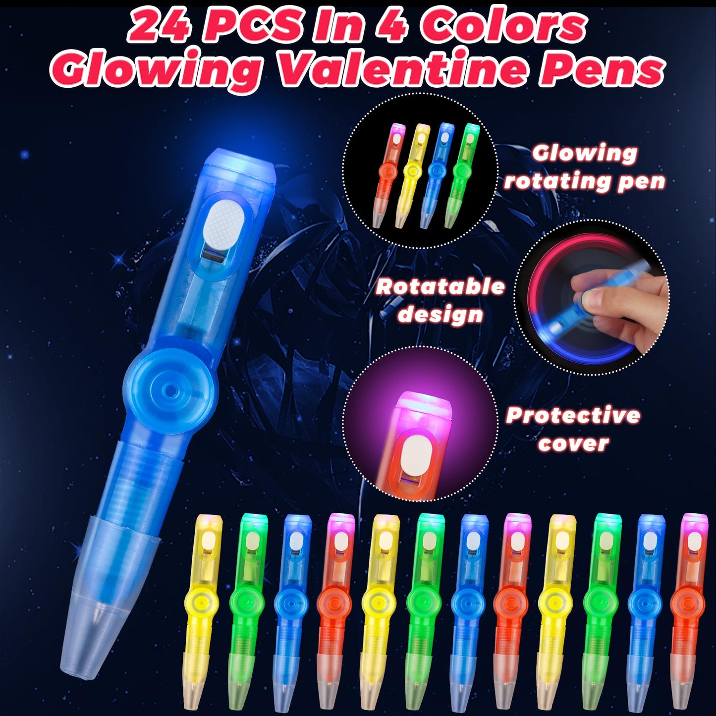Envotek 24-Pack Valentines Day Gifts for Kids – LED Rotating Fidget Toys & Cards