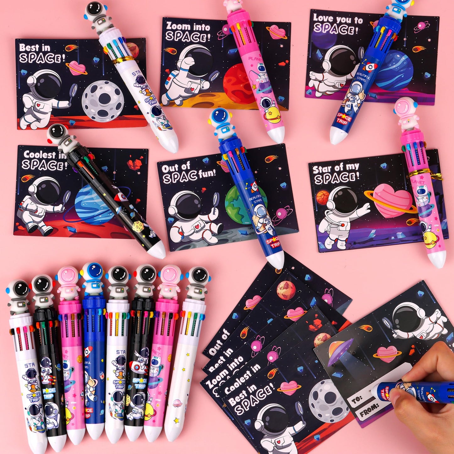 Envotek 24-Pack Valentines Gift Set — 10-in-1 Multicolor Pens & Space Cards