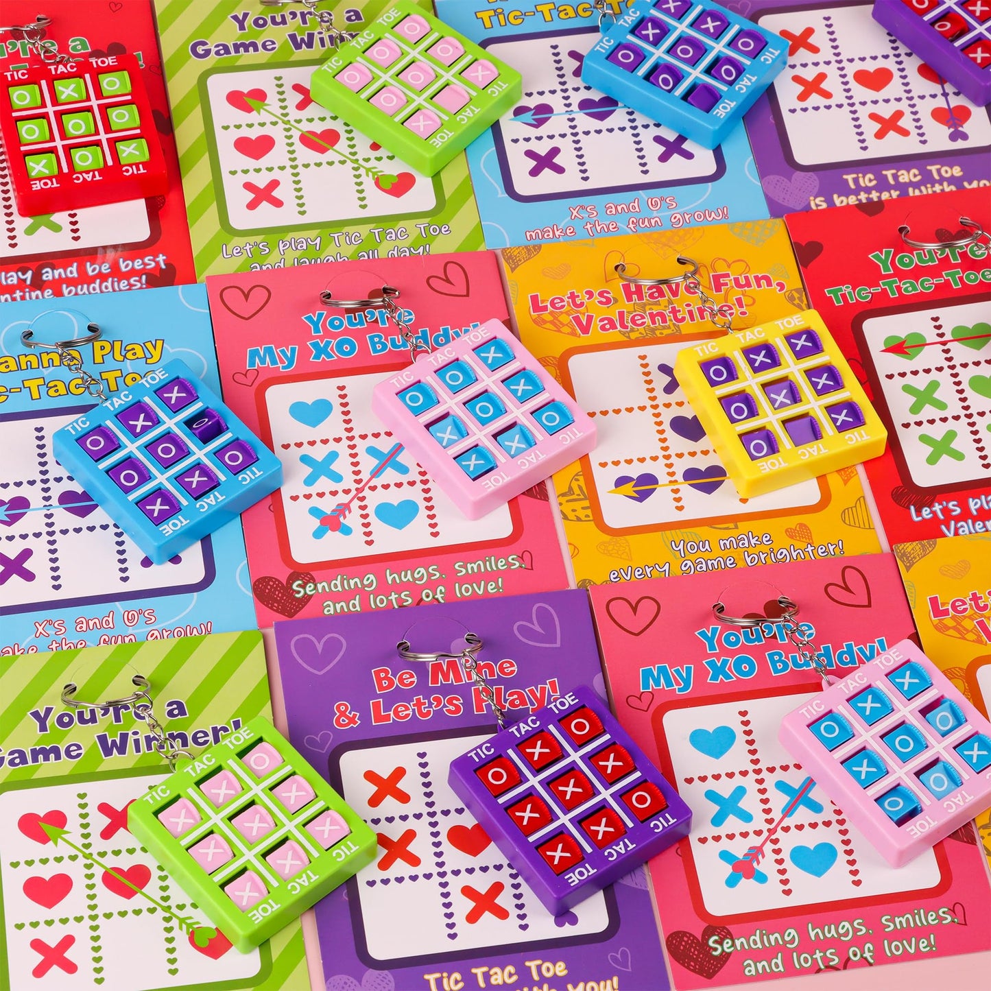 Envotek 24-Pack Valentines Gifts for Kids: Tic-Tac-Toe Keychains & Classroom Cards