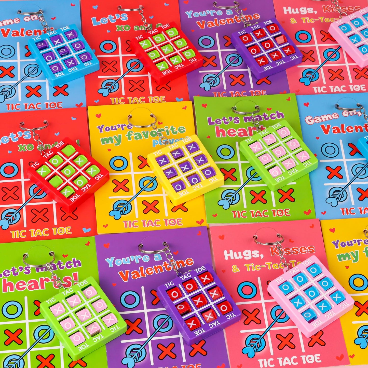 Envotek 24-Pack Kids Valentine Cards with Tic-Tac-Toe Keychains | Classroom Exchange & Party Favors