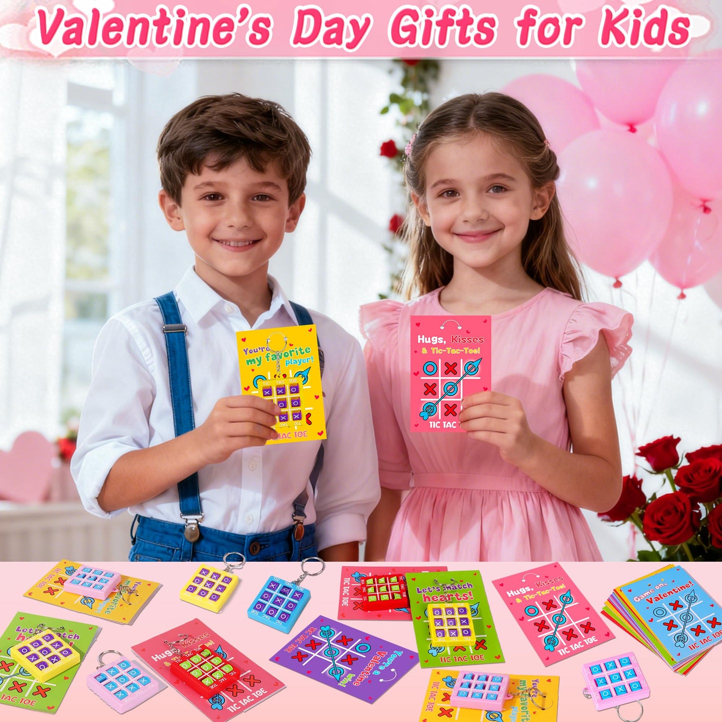 Envotek 24-Pack Kids Valentine Cards with Tic-Tac-Toe Keychains | Classroom Exchange & Party Favors