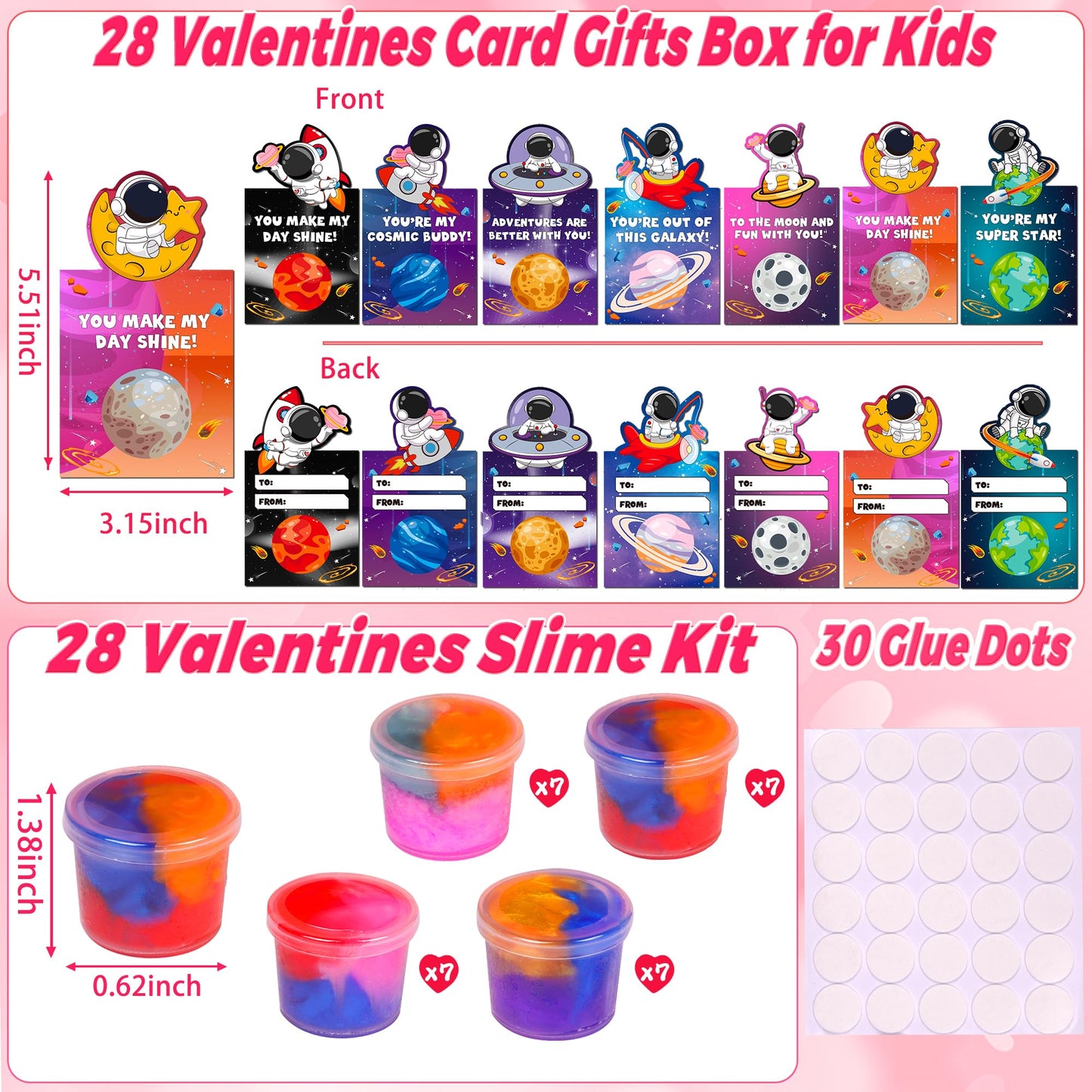 Envotek Galaxy Slime Kit — 28 Valentine Cards & Slime for Kids Classroom