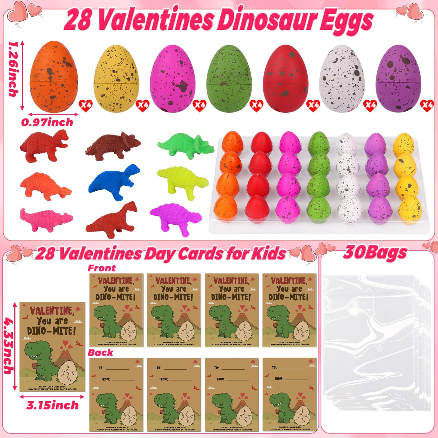 Envotek 28-Pack Dinosaur Egg Hatching Valentines for Kids | Classroom Cards & Party Favors