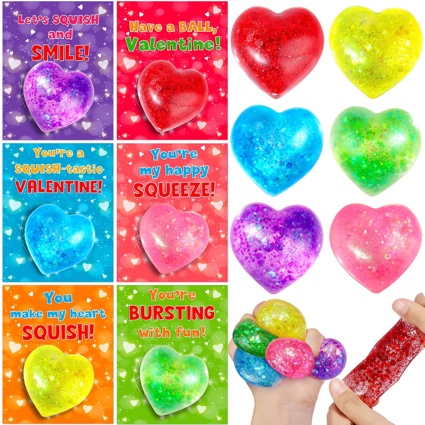 Envotek 24-Pack Valentine Classroom Cards with Heart Fidget Balls | Stress-Relief Squeeze Toys for Kids