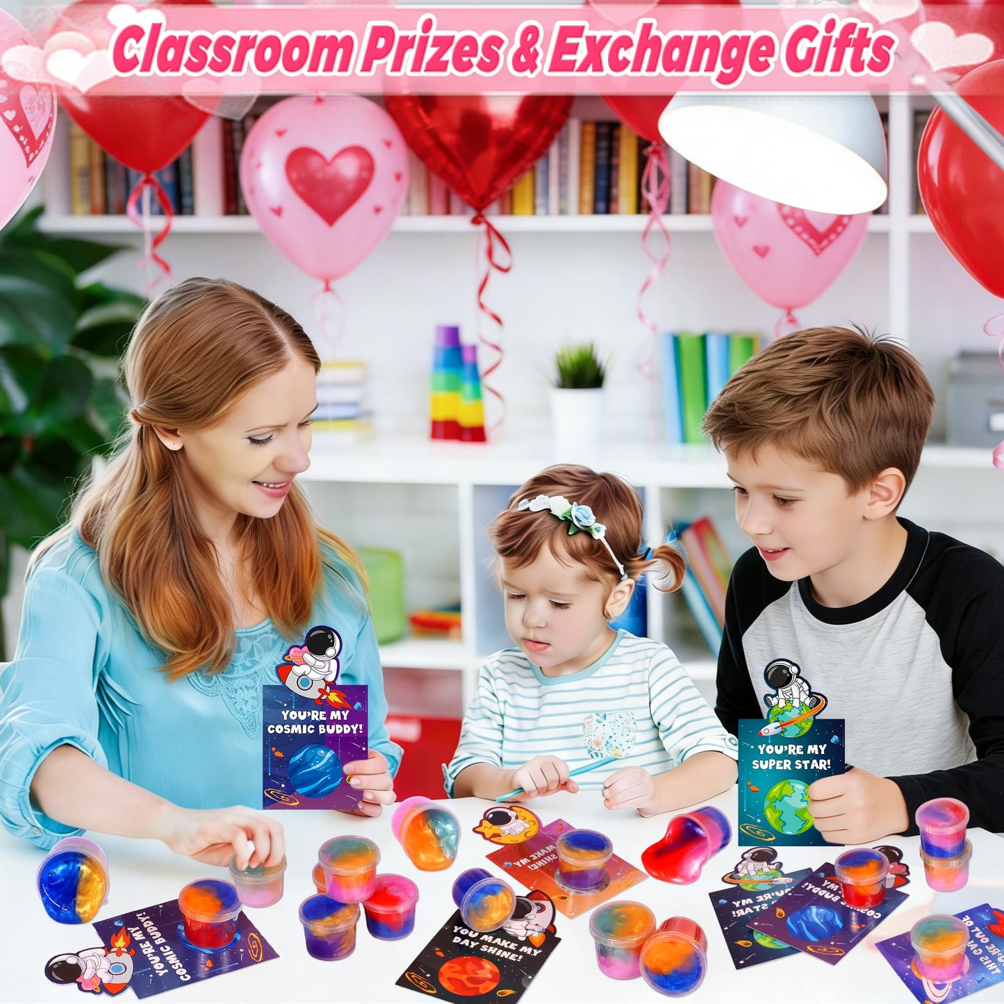 Envotek Galaxy Slime Kit — 28 Valentine Cards & Slime for Kids Classroom