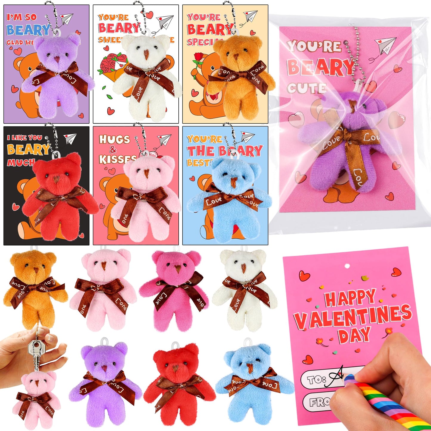 Envotek 28 Pack Valentines Day Cards with Mini Bear Plush Keychains – Kids Classroom Gifts & Party Favors