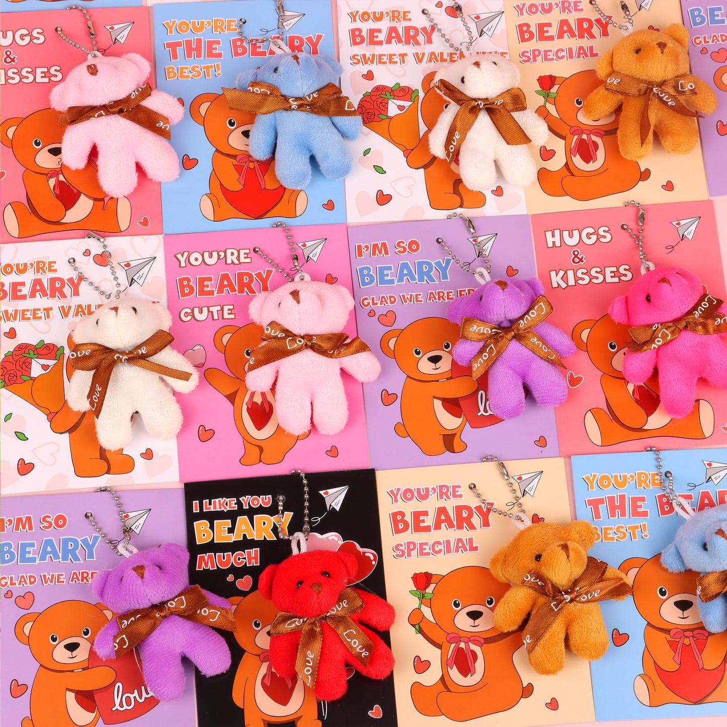 Envotek 28 Pack Valentines Day Cards with Mini Bear Plush Keychains – Kids Classroom Gifts & Party Favors