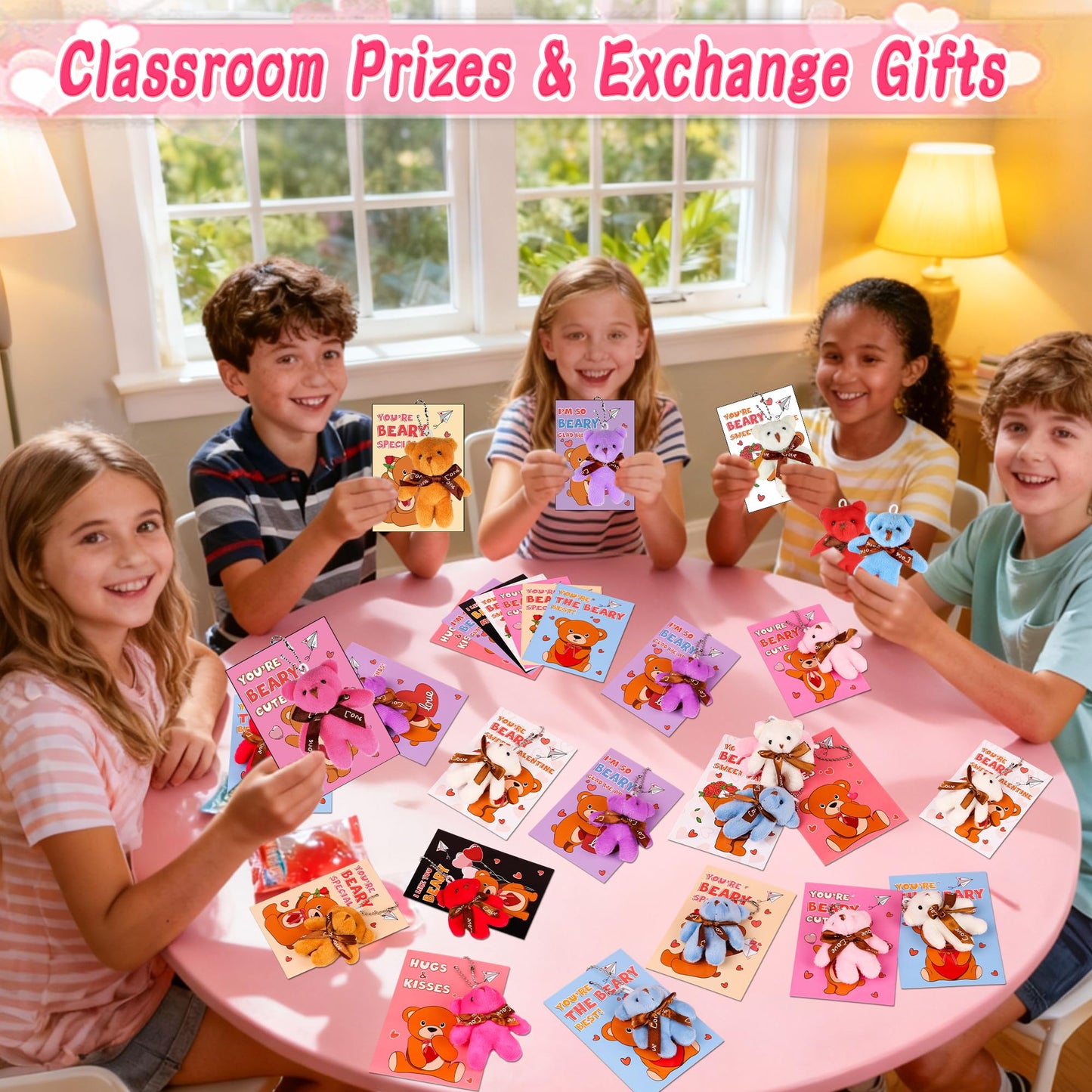Envotek 28 Pack Valentines Day Cards with Mini Bear Plush Keychains – Kids Classroom Gifts & Party Favors