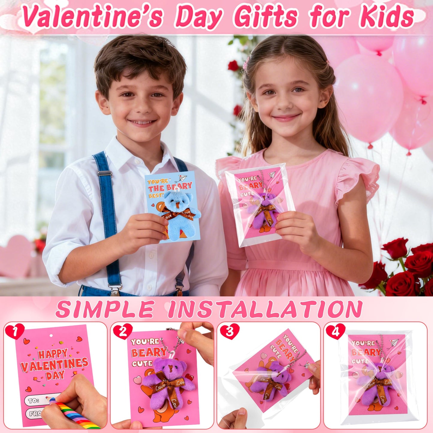 Envotek 28 Pack Valentines Day Cards with Mini Bear Plush Keychains – Kids Classroom Gifts & Party Favors