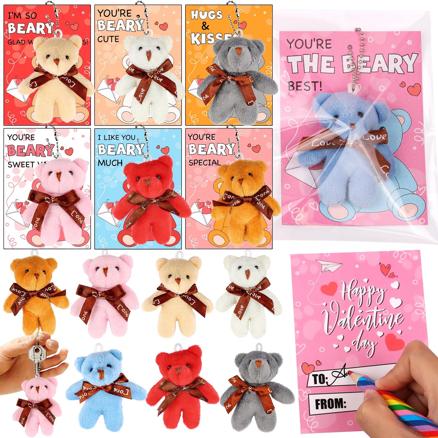 Envotek 28-Pack Valentines Day Cards with Mini Bear Plush Keychains – Classroom Gifts & Party Favors