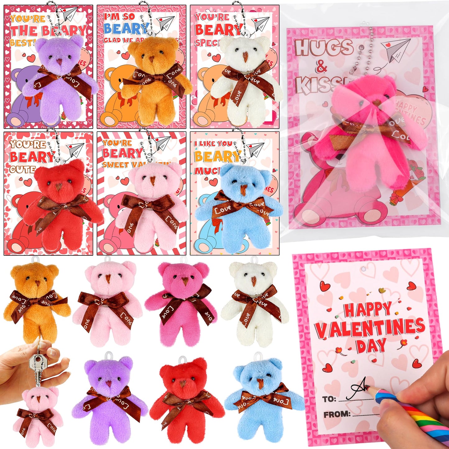 Envotek 28-Pack Valentines Cards with Mini Bear Plush Toys and Keychains