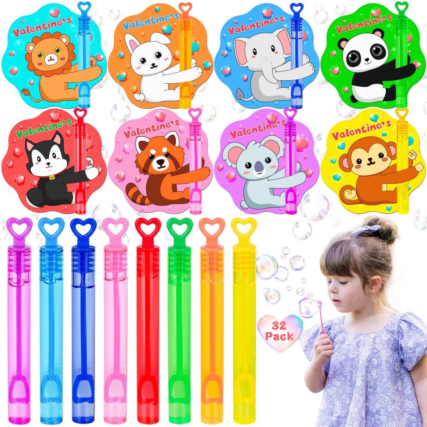 Envotek 32-Pack Valentines Day Kids Bubble Wands with Animal Cards – Classroom Party Favors