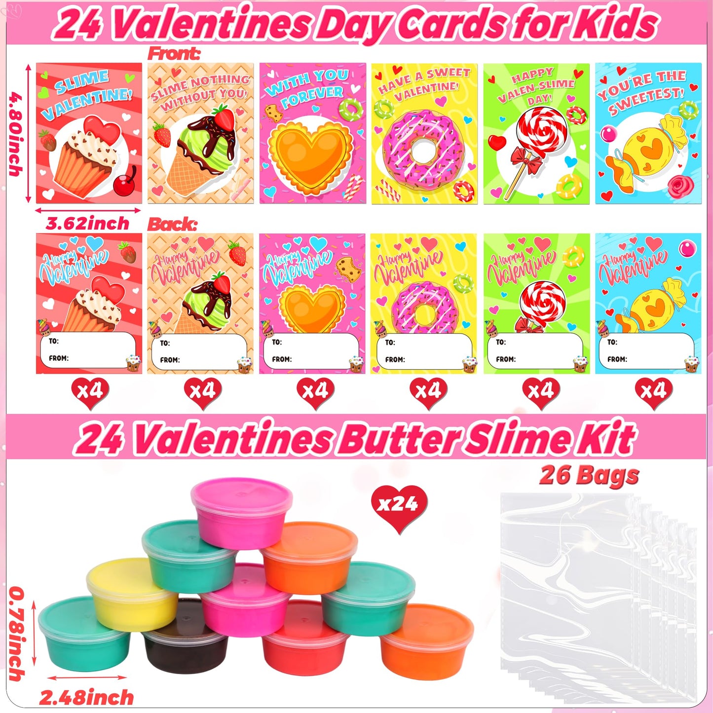 Envotek 24-Pack Valentines Butter Slime Kit with Cards – Classroom Gifts for Kids