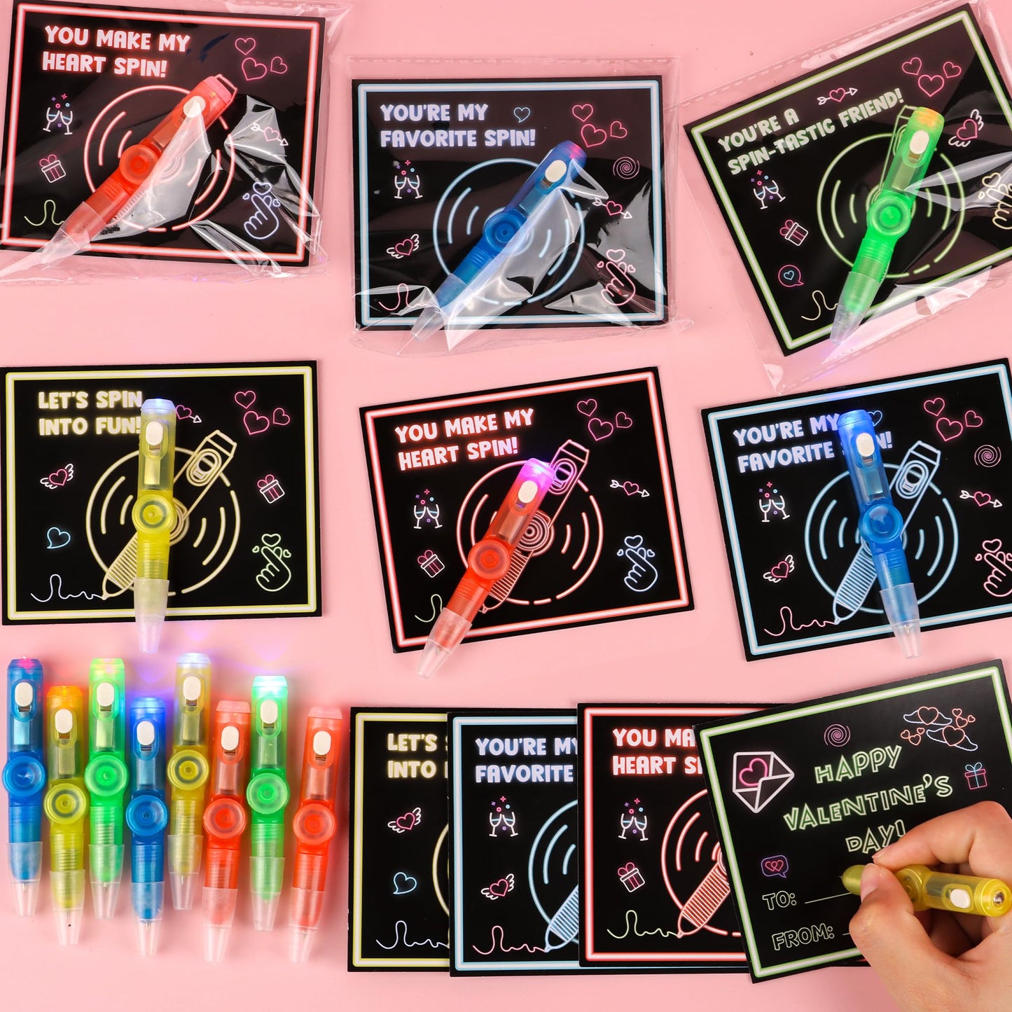 Envotek 24-Pack Valentines Day Gifts for Kids – LED Rotating Fidget Toys & Cards