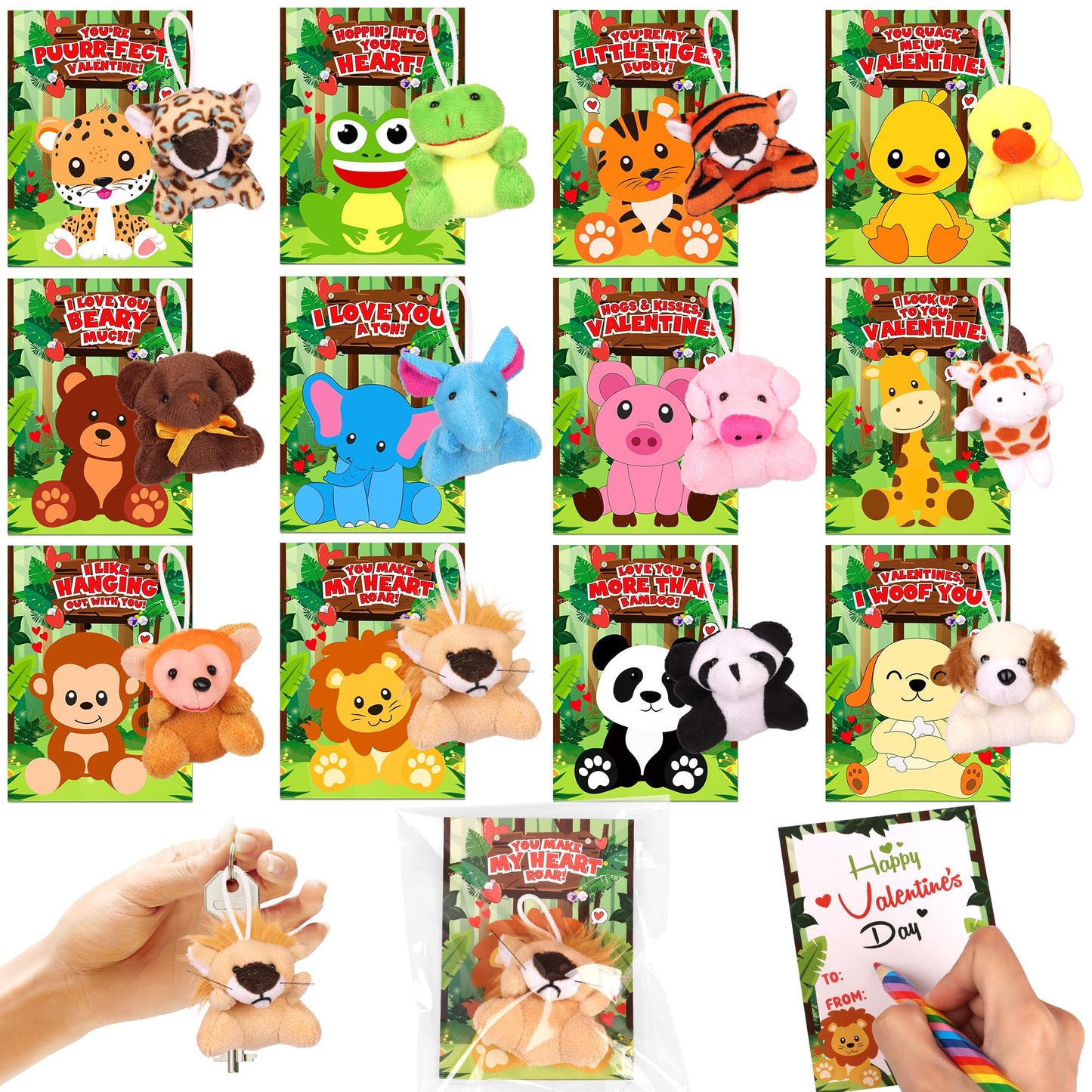 Envotek 24-Pack Valentines Cards with Plush Animals for Kids