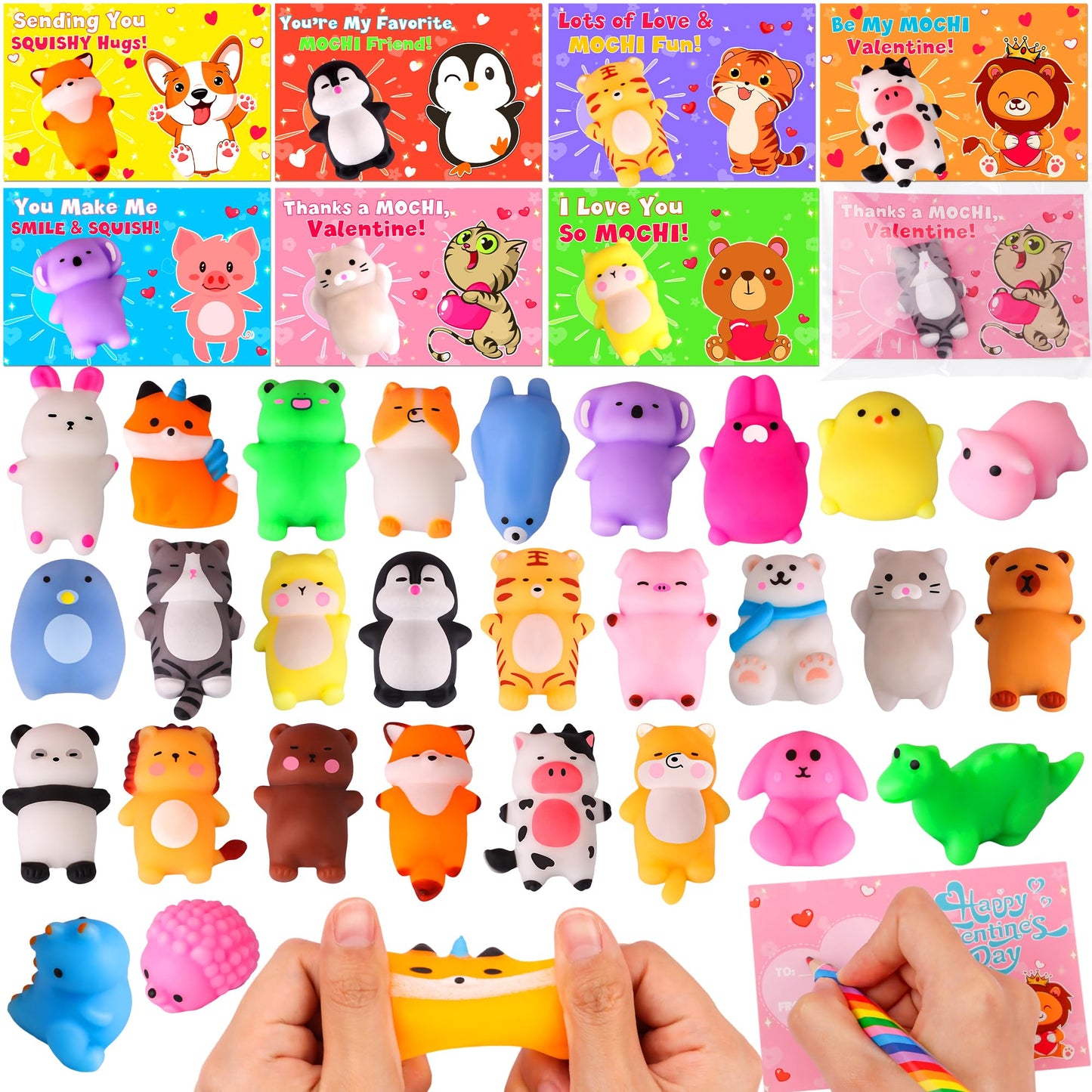 Envotek 28-Pack Valentines Gifts for Kids | Mochi Squishies & Classroom Cards