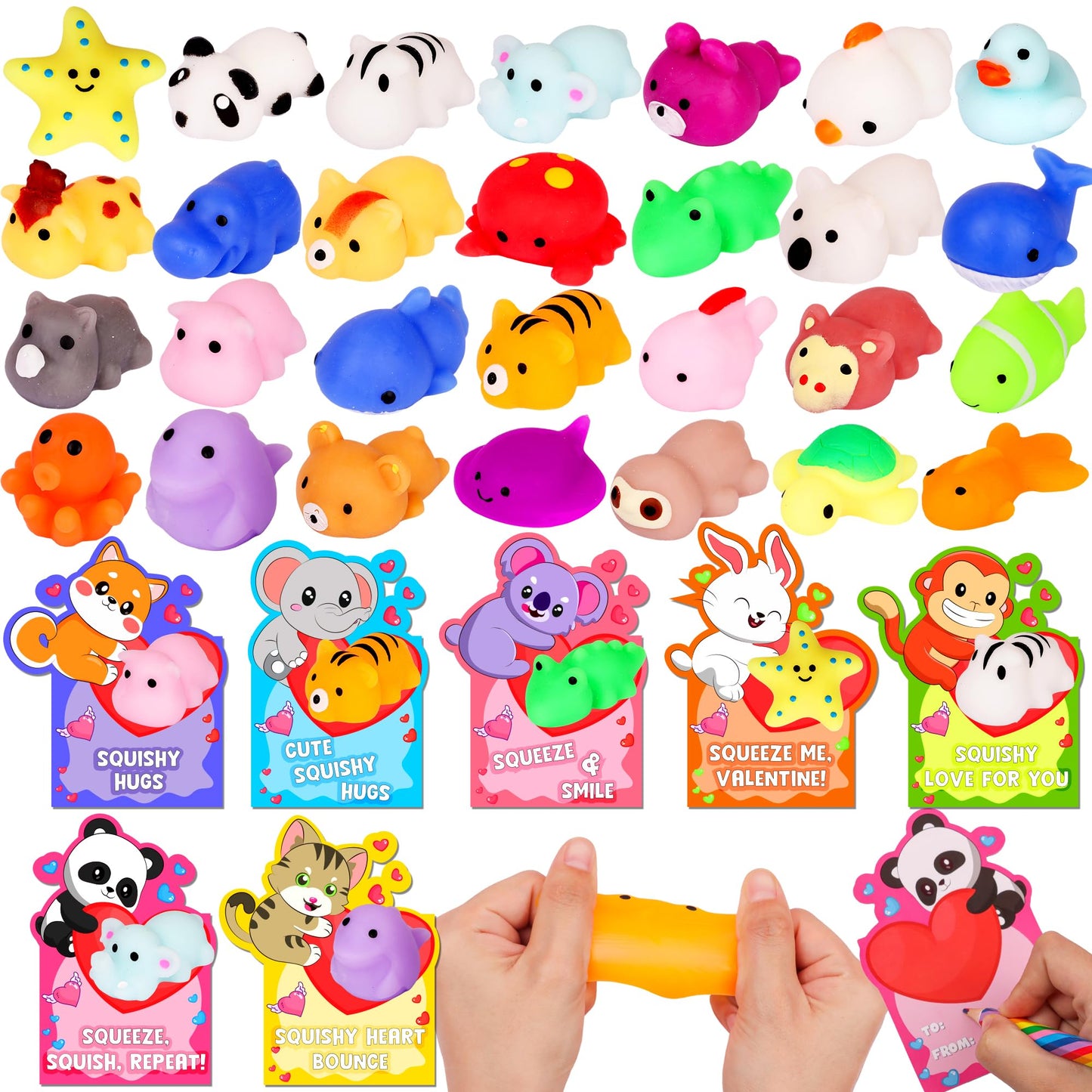 Envotek 28-Pack Valentines Day Cards & Kawaii Mochi Squishies — Classroom Gifts & Party Favors