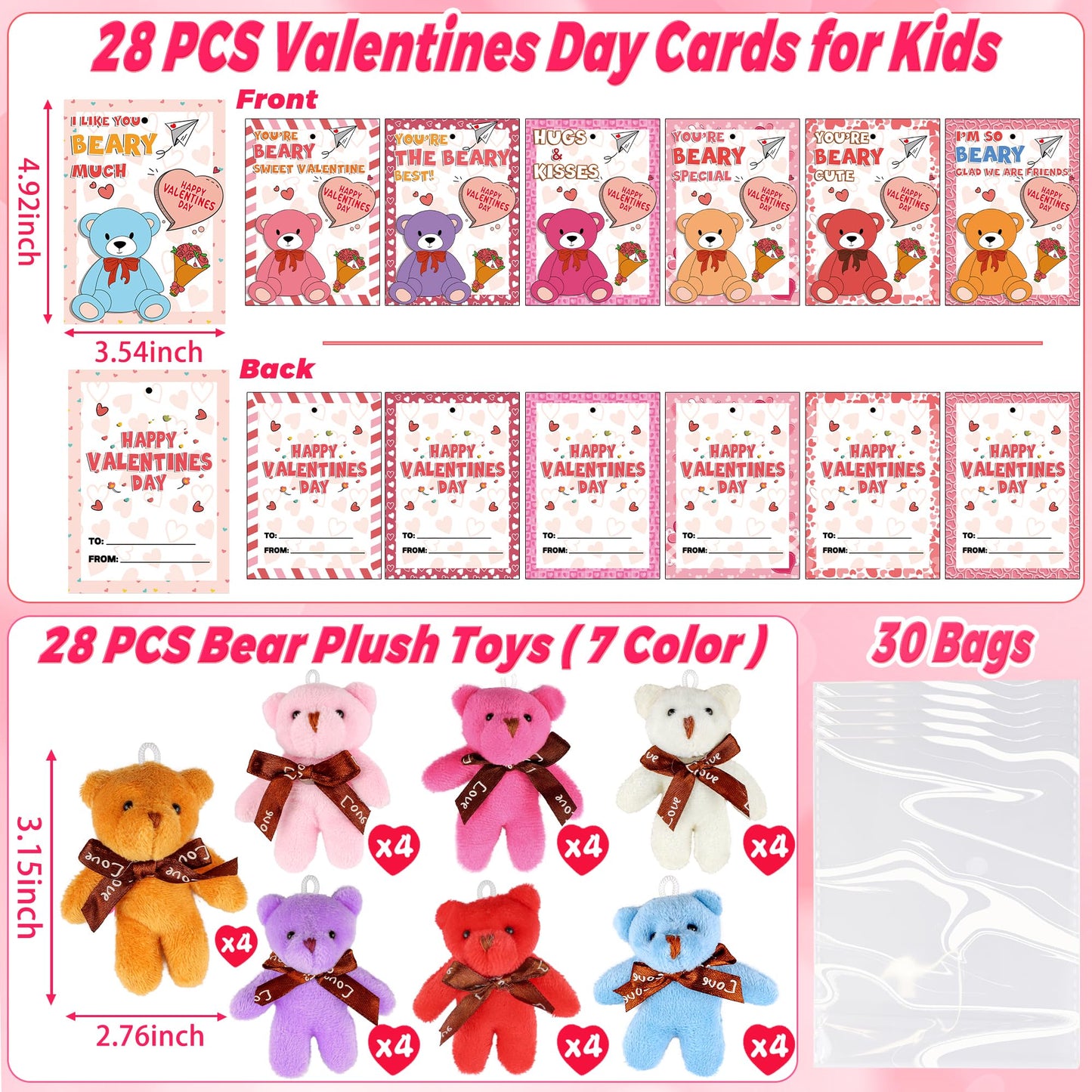 Envotek 28-Pack Valentines Cards with Mini Bear Plush Toys and Keychains