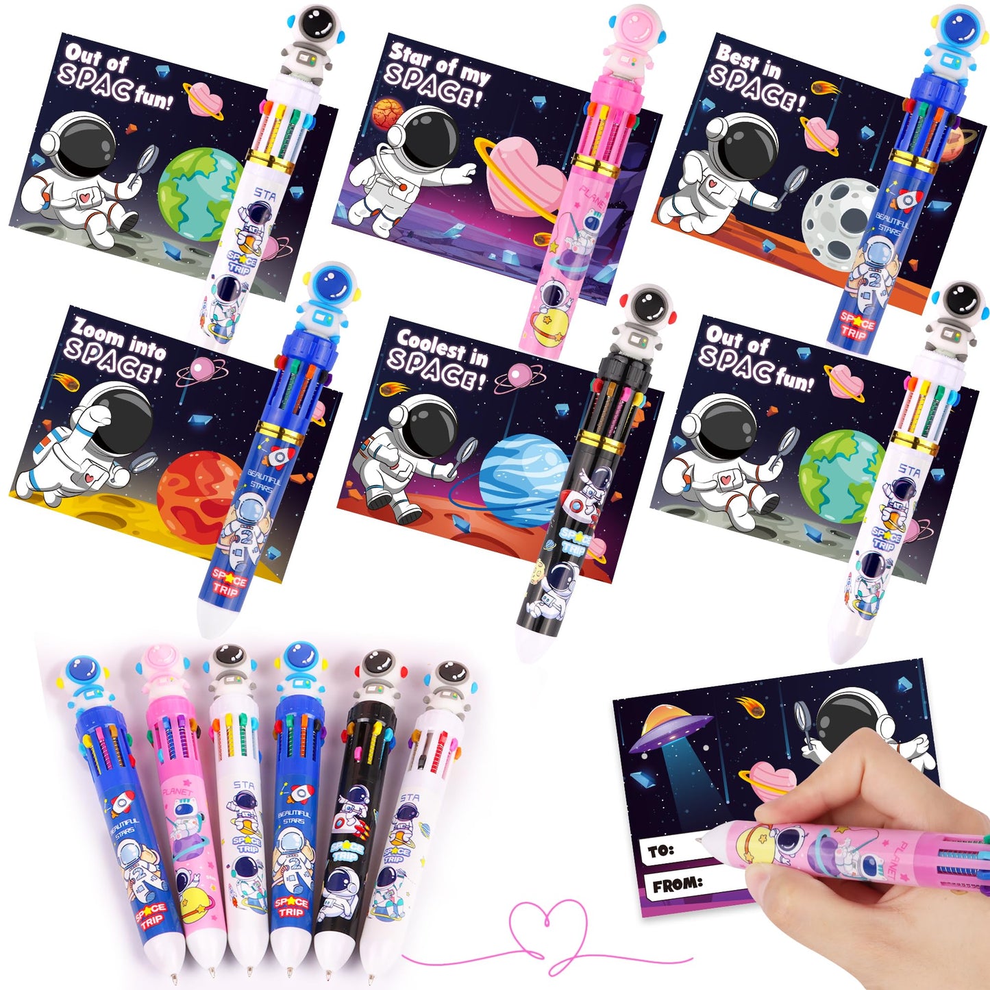 Envotek 24-Pack Valentines Gift Set — 10-in-1 Multicolor Pens & Space Cards