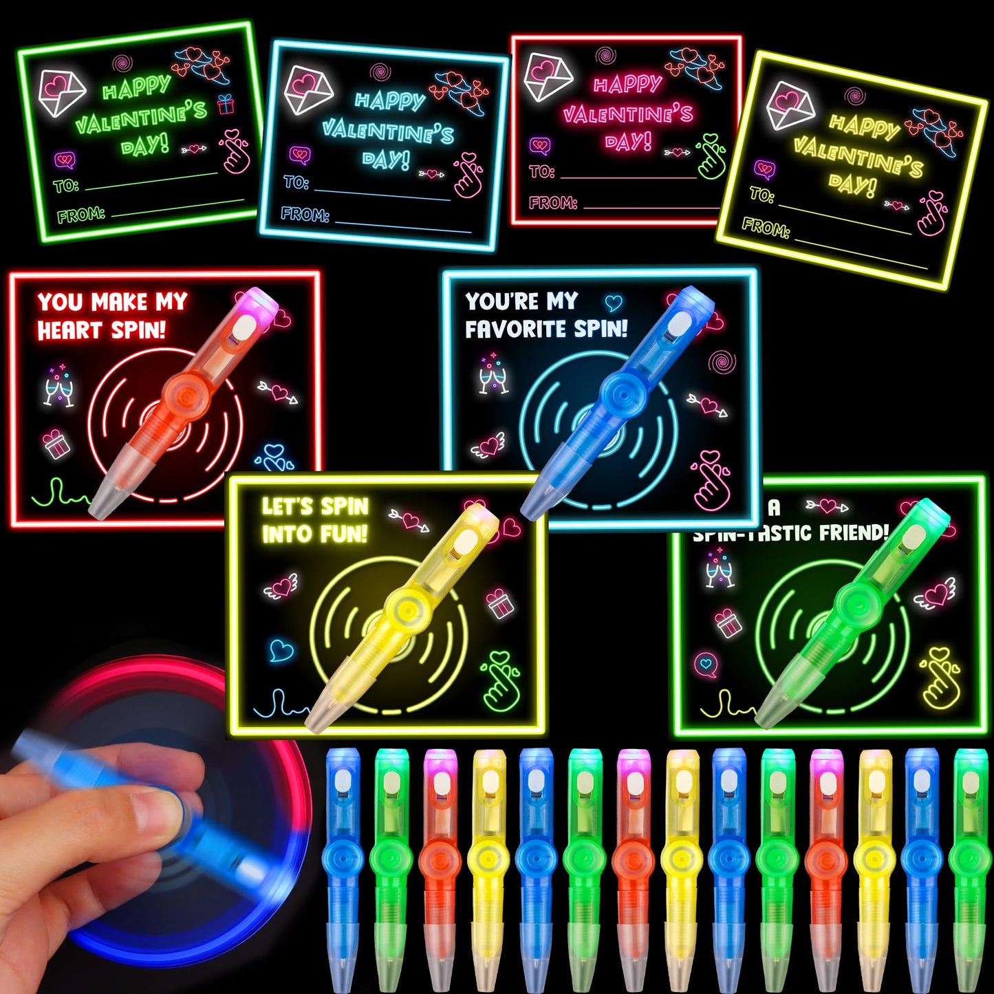 Envotek 24-Pack Valentines Day Gifts for Kids – LED Rotating Fidget Toys & Cards