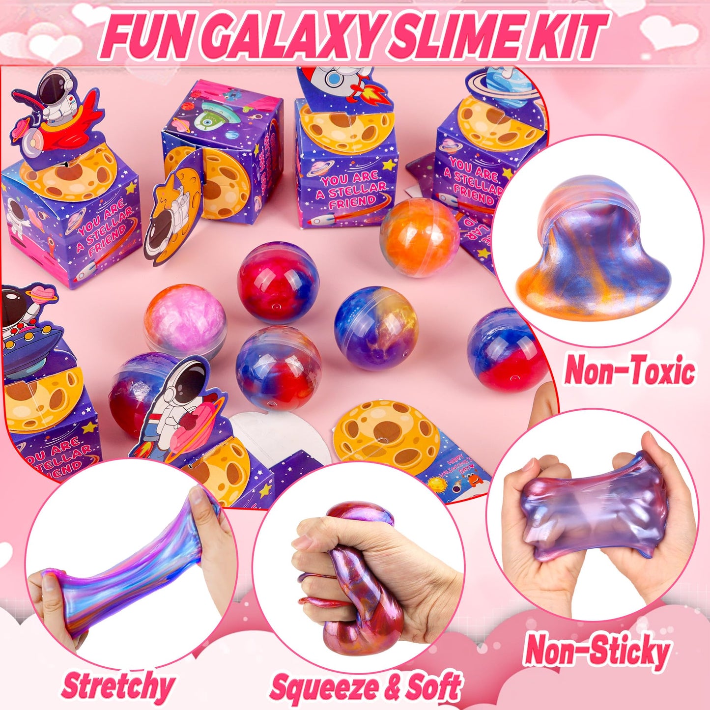 Envotek 28-Pack Valentines Day Slime Kit for Kids – Galaxy Cards & Space Gift Boxes
