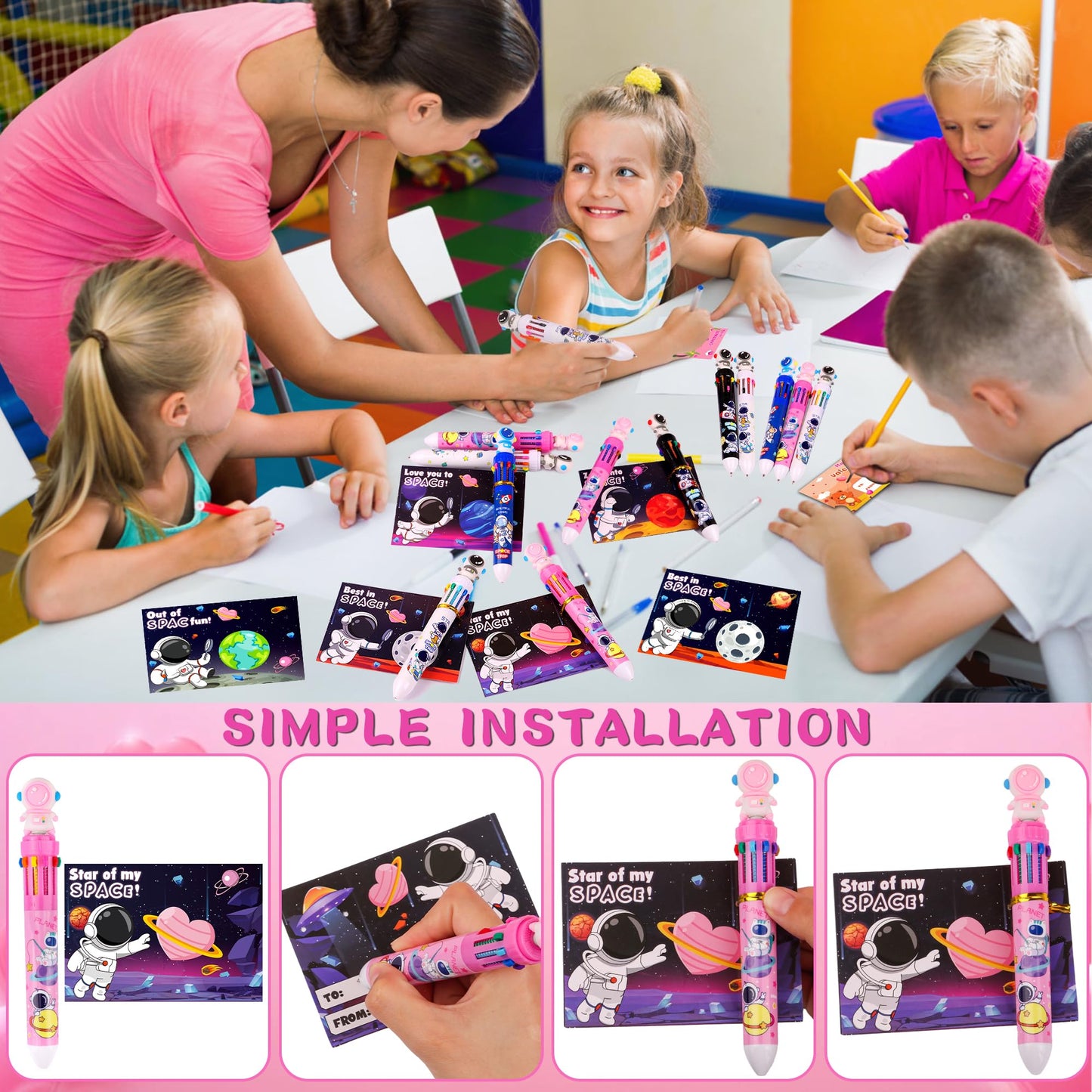 Envotek 24-Pack Valentines Gift Set — 10-in-1 Multicolor Pens & Space Cards