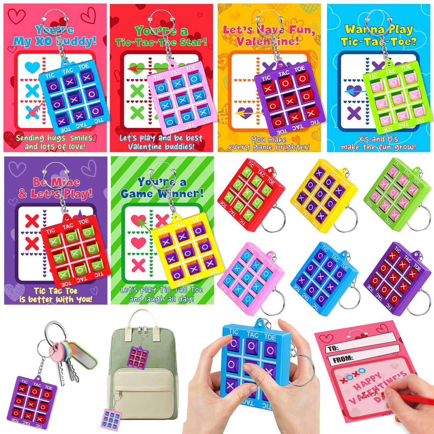 Envotek 24-Pack Valentines Gifts for Kids: Tic-Tac-Toe Keychains & Classroom Cards