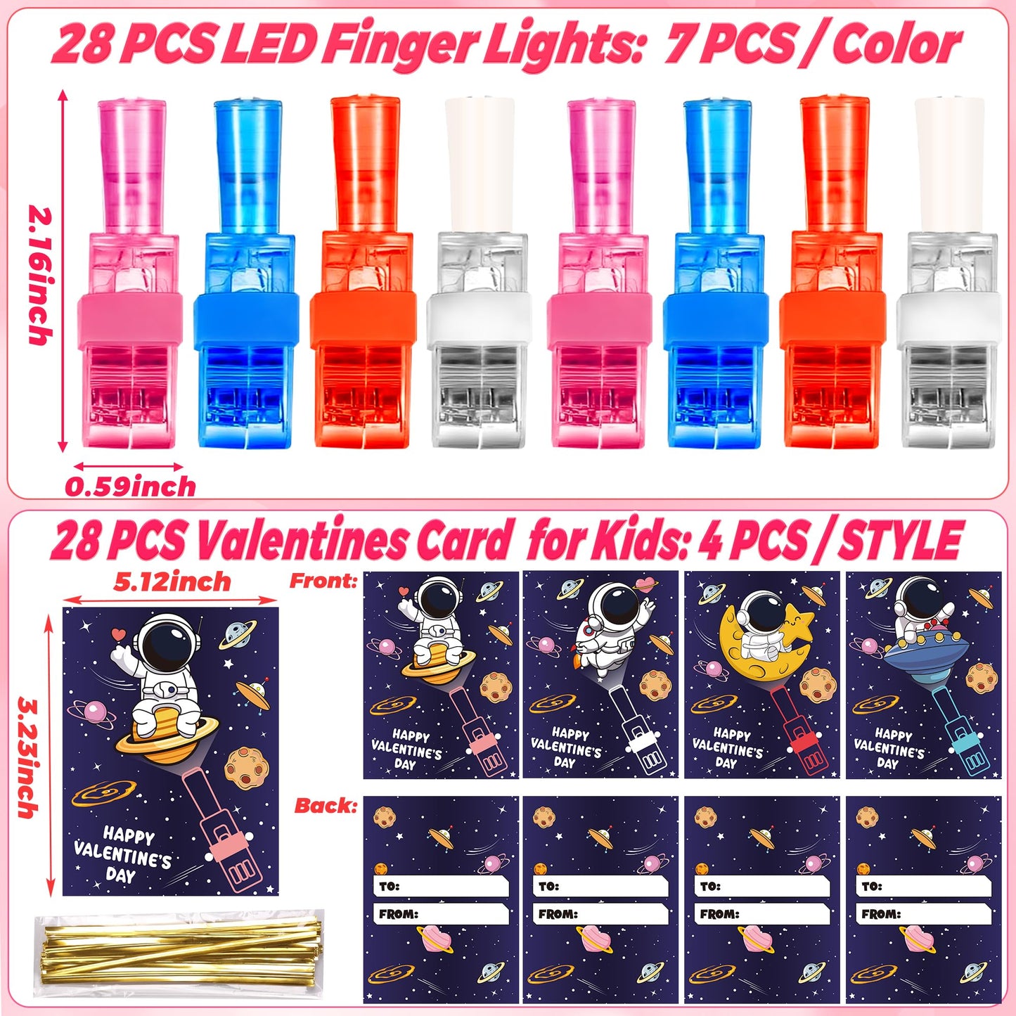 Envotek 28 Pack Valentines Day Cards with LED Finger Lights for Kids — Classroom Gifts & Party Favors