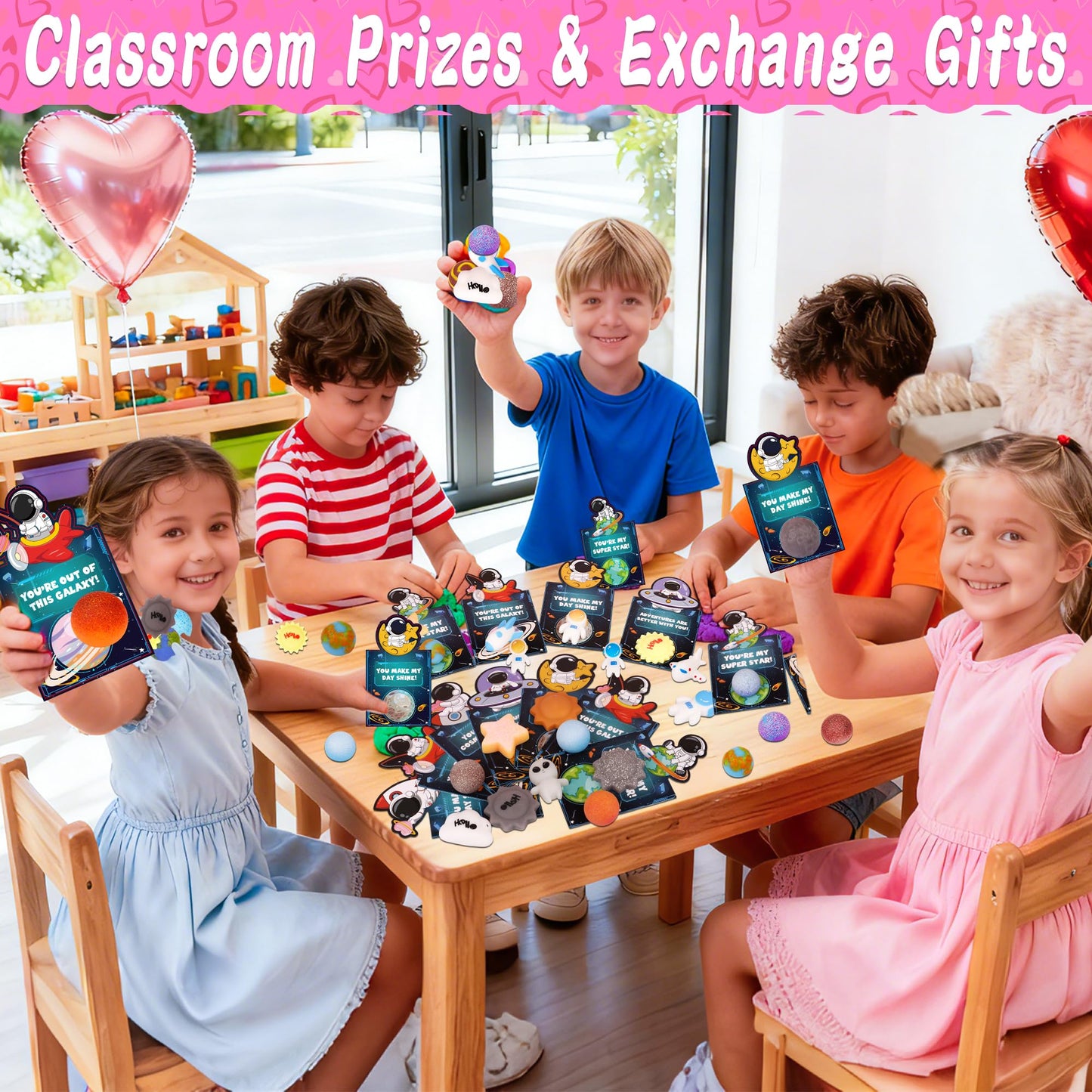 Envotek 28-Pack Galaxy Squishies & Valentine Cards for Classroom Gifts