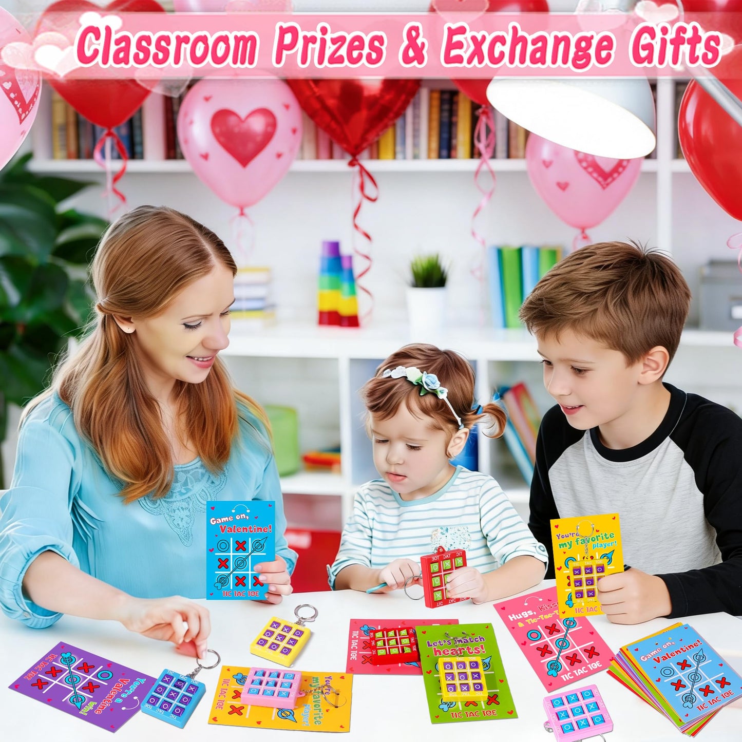 Envotek 24-Pack Kids Valentine Cards with Tic-Tac-Toe Keychains | Classroom Exchange & Party Favors
