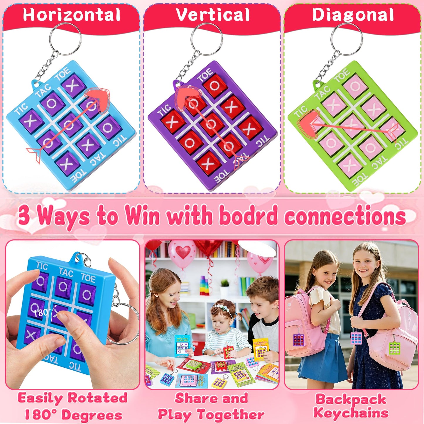 Envotek 24-Pack Valentines Gifts for Kids: Tic-Tac-Toe Keychains & Classroom Cards