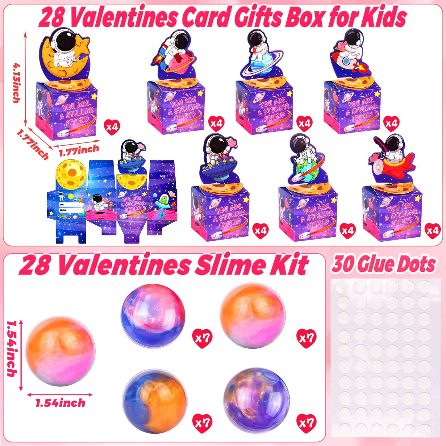 Envotek 28-Pack Valentines Day Slime Kit for Kids – Galaxy Cards & Space Gift Boxes
