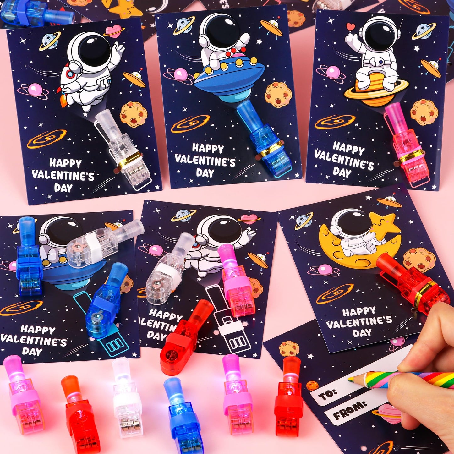 Envotek 28 Pack Valentines Day Cards with LED Finger Lights for Kids — Classroom Gifts & Party Favors