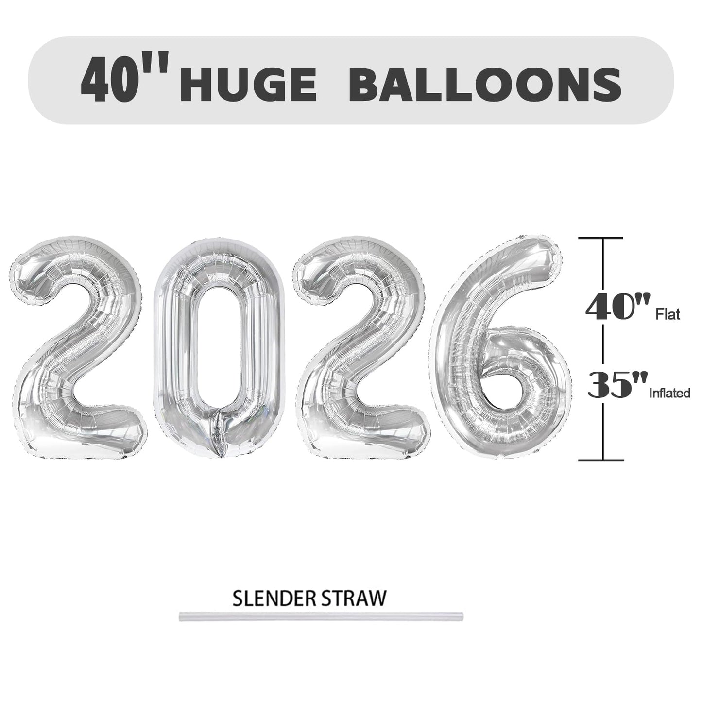 Enyeopd Silver 2026 Balloon Number — 40 Inch Party Decor for New Year’s Eve, Graduation, Weddings