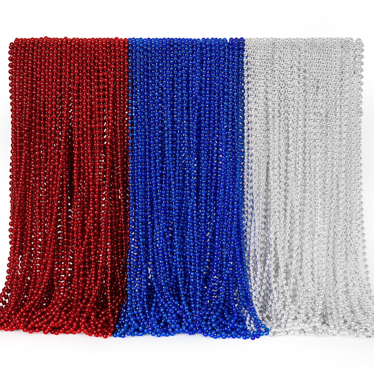 EOBOH 144Pcs 4th of July Necklace Set – Metallic Red, Blue & White for Parades