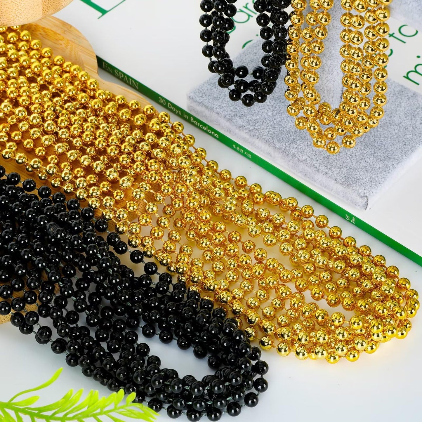 EOBOH 24PCS New Years Eve Bead Necklace Set — Black & Gold, 33-inch Beaded Necklaces for Parades & Parties
