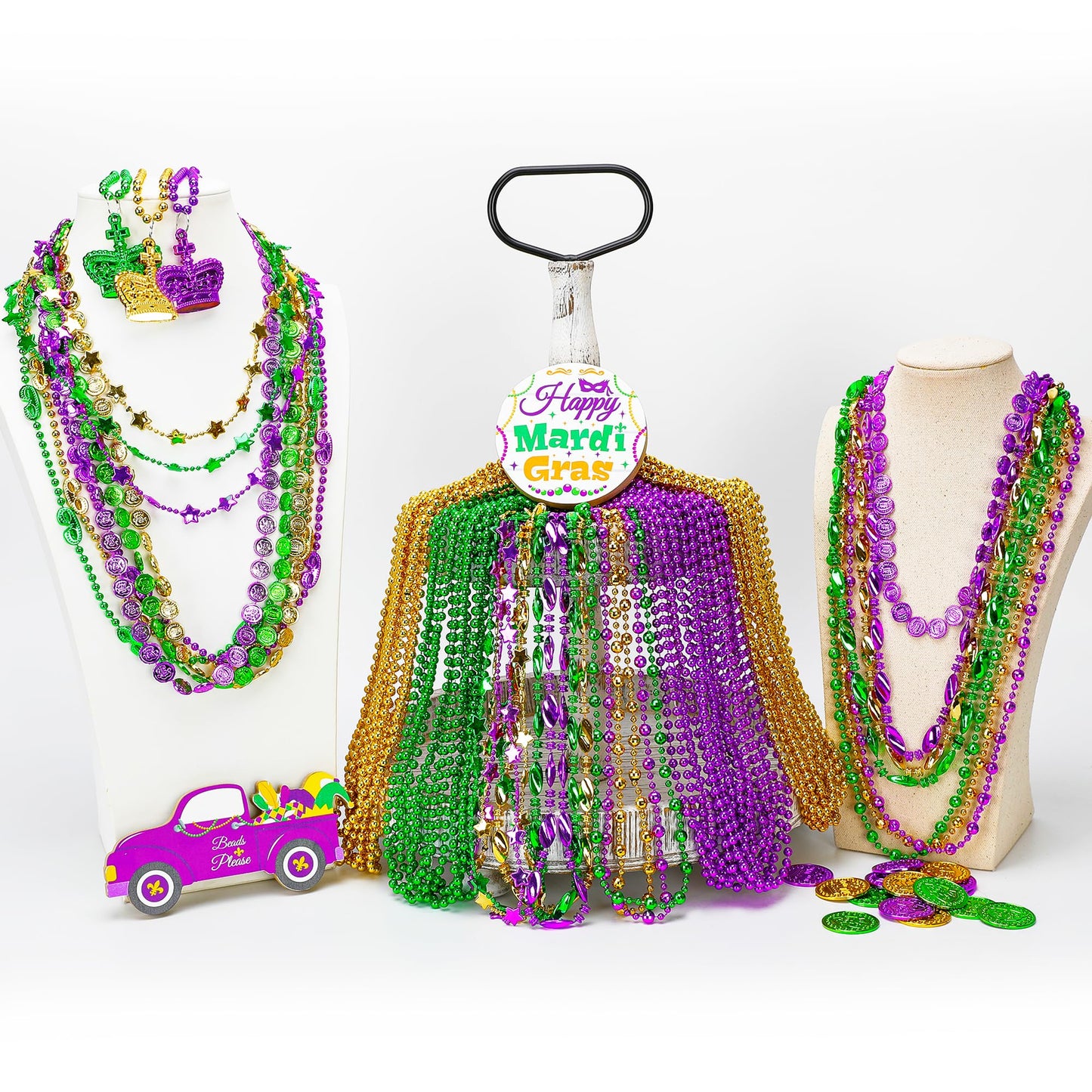 EOBOH 100PCS Mardi Gras Beads & Masks — 11 Types Parade Necklaces in Metallic Green, Purple & Gold
