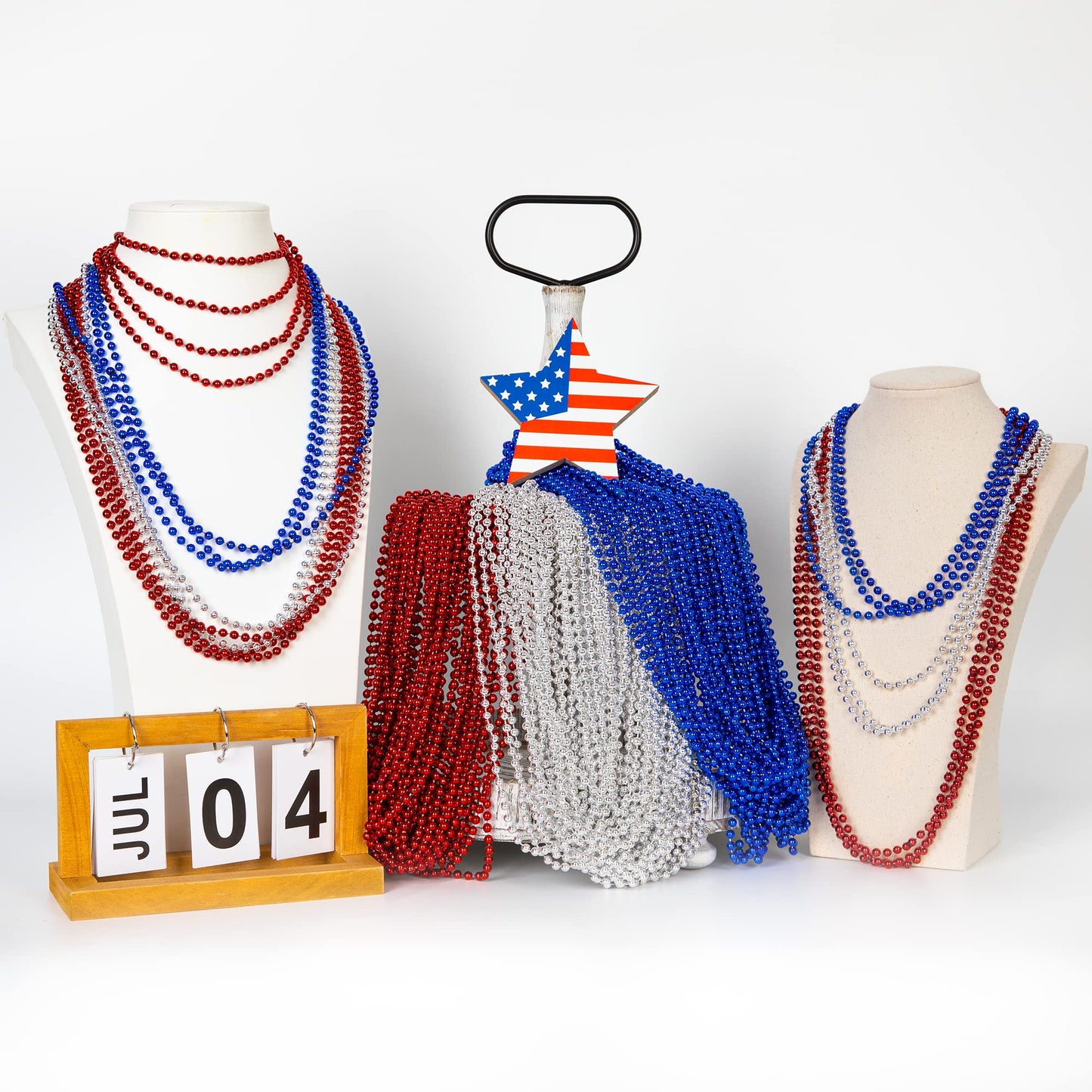 EOBOH 144Pcs 4th of July Necklace Set – Metallic Red, Blue & White for Parades