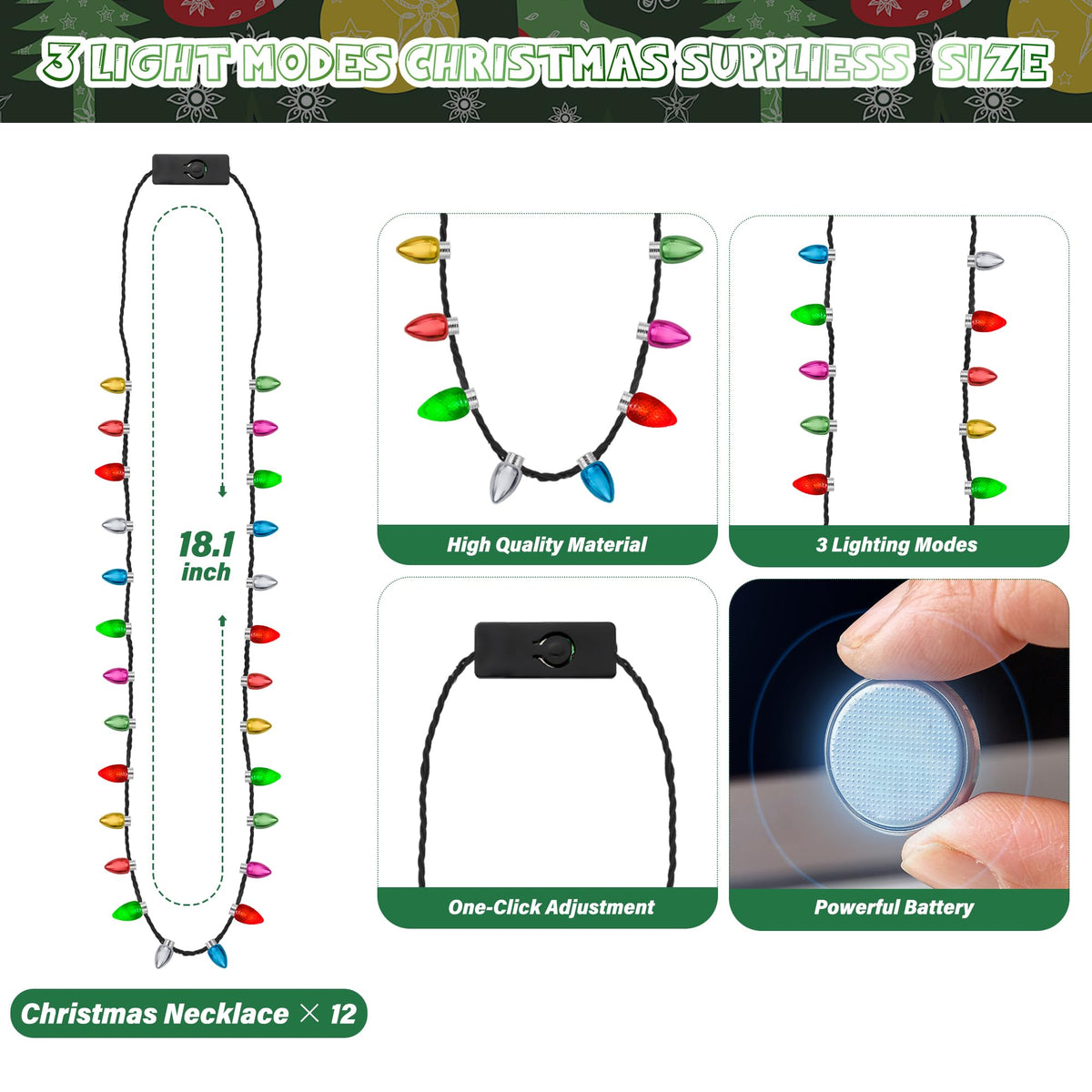 EOBOH 6-Pack Light Up Christmas Necklaces – 8-Color Glow Bulbs, 3 Modes, Xmas Party Favors