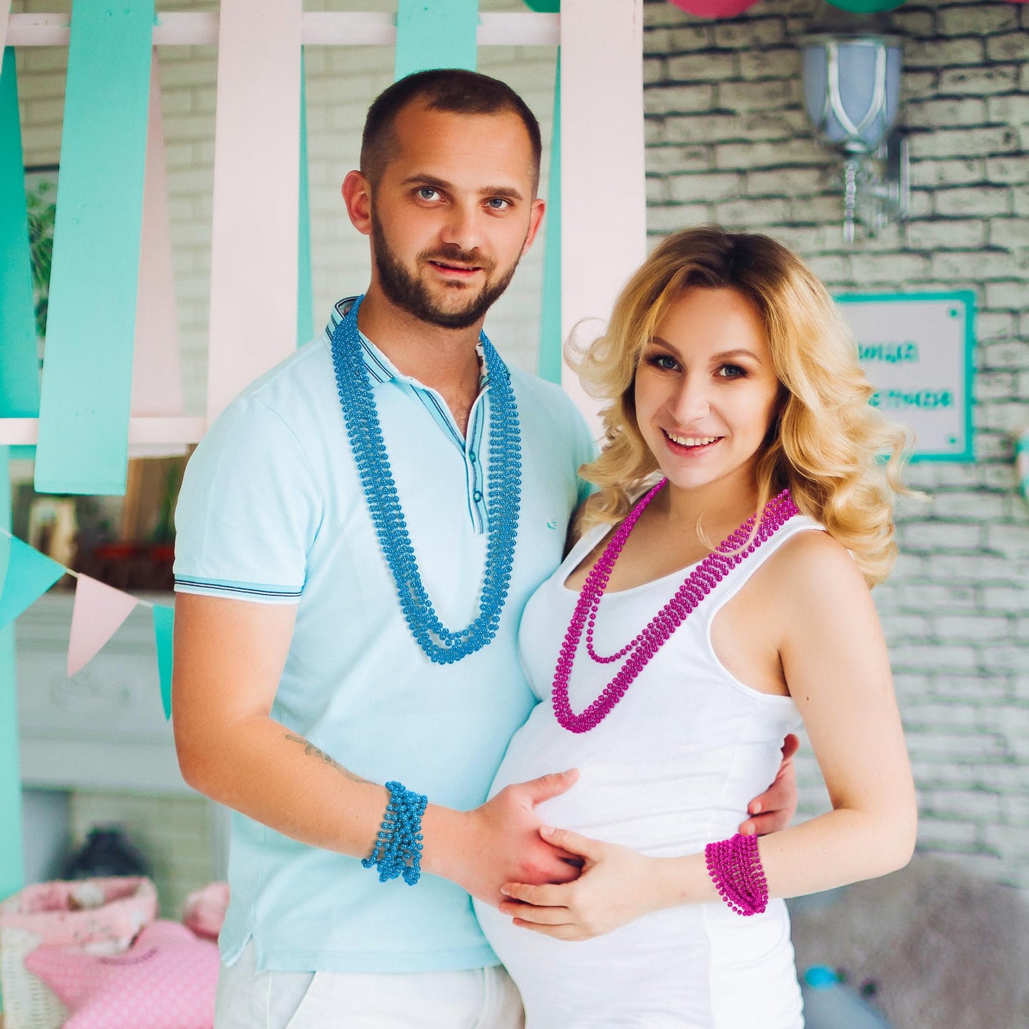 EOBOH Gender Reveal Beads Decorations – 12 Pink & Blue Necklaces, 33-inch