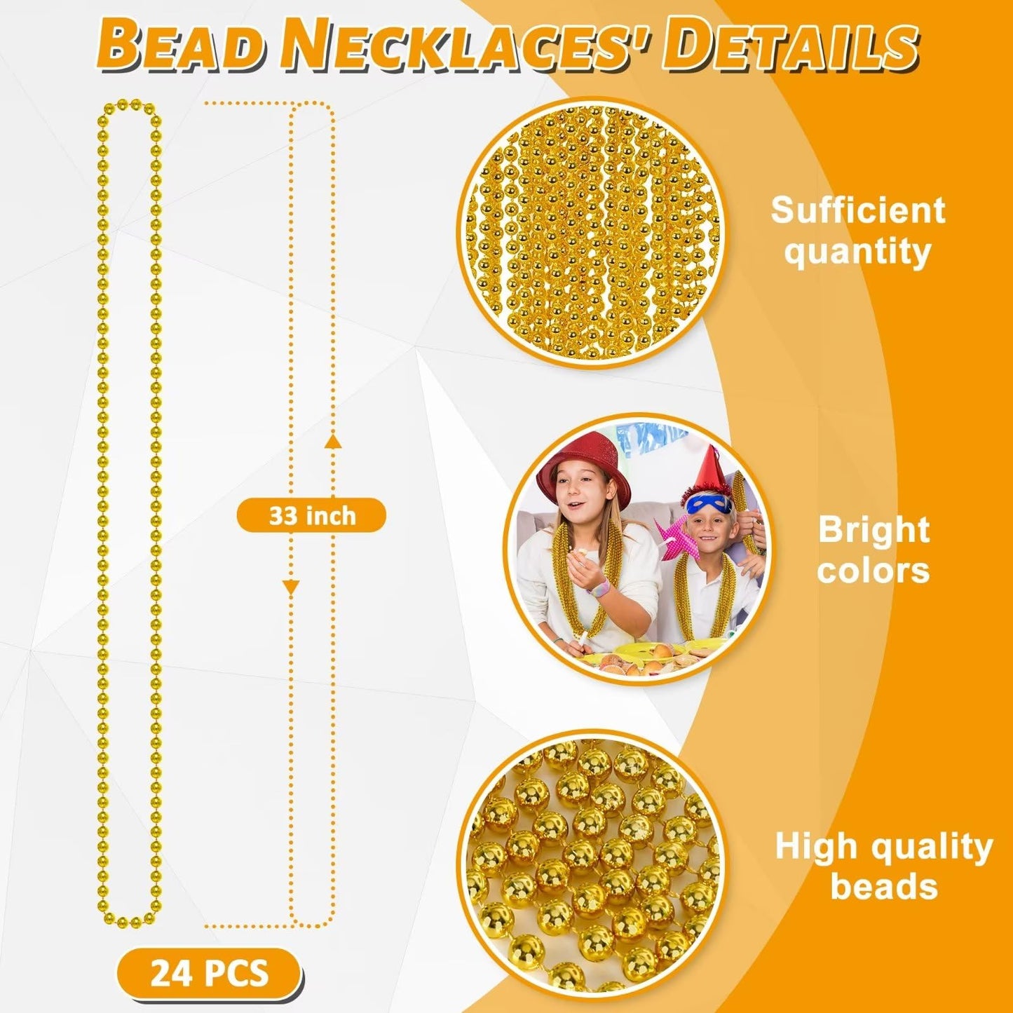 EOBOH Gold Bead Necklace Set – 24pcs, 33in Festival Beads for Mardi Gras & Holidays