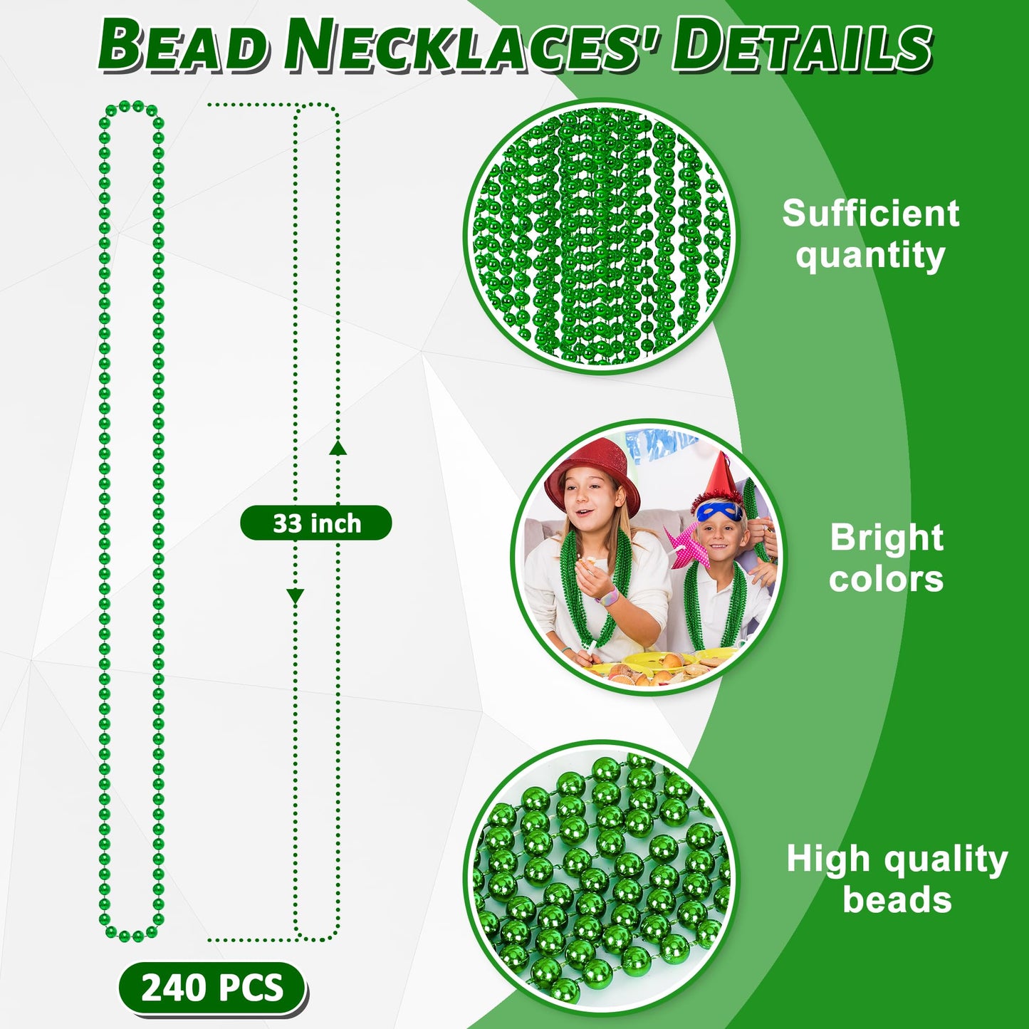 EOBOH St Patrick's Day Necklaces – 240 Green Beads, 33-Inch Parade & Party Favors