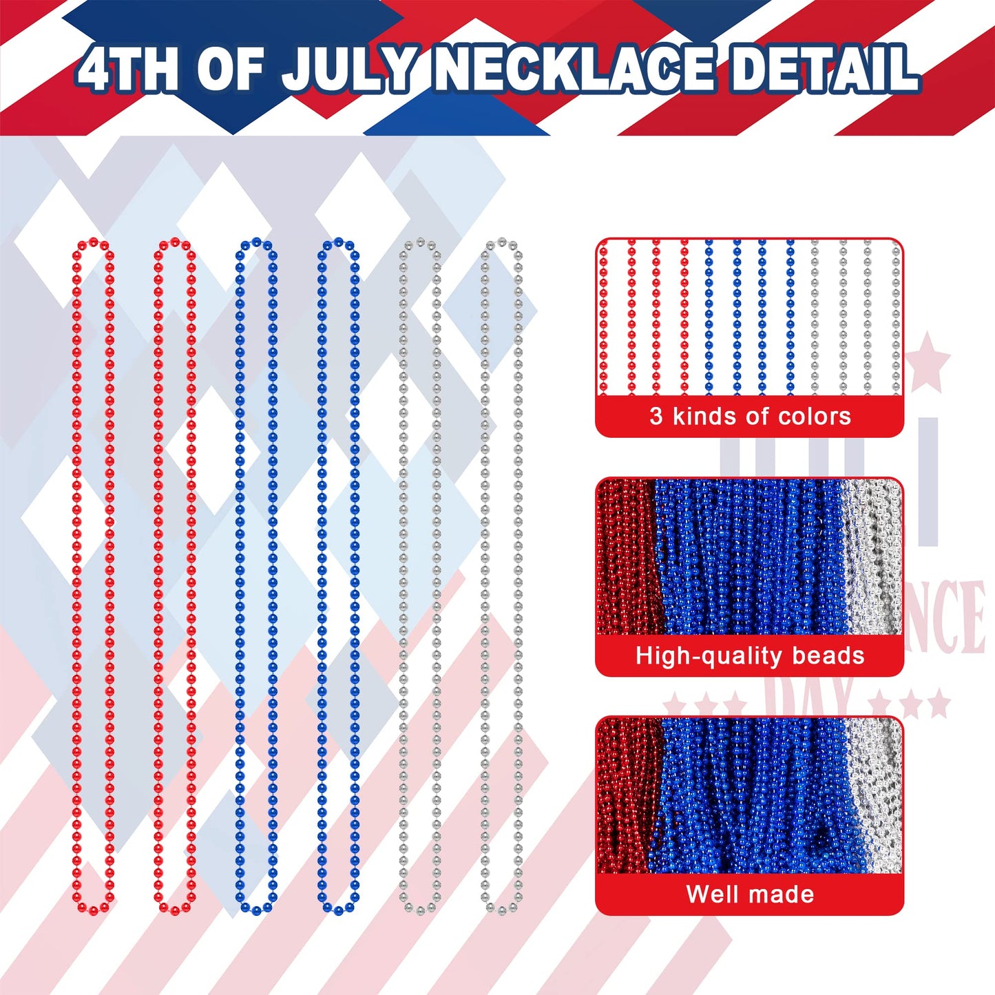 EOBOH 144Pcs 4th of July Necklace Set – Metallic Red, Blue & White for Parades