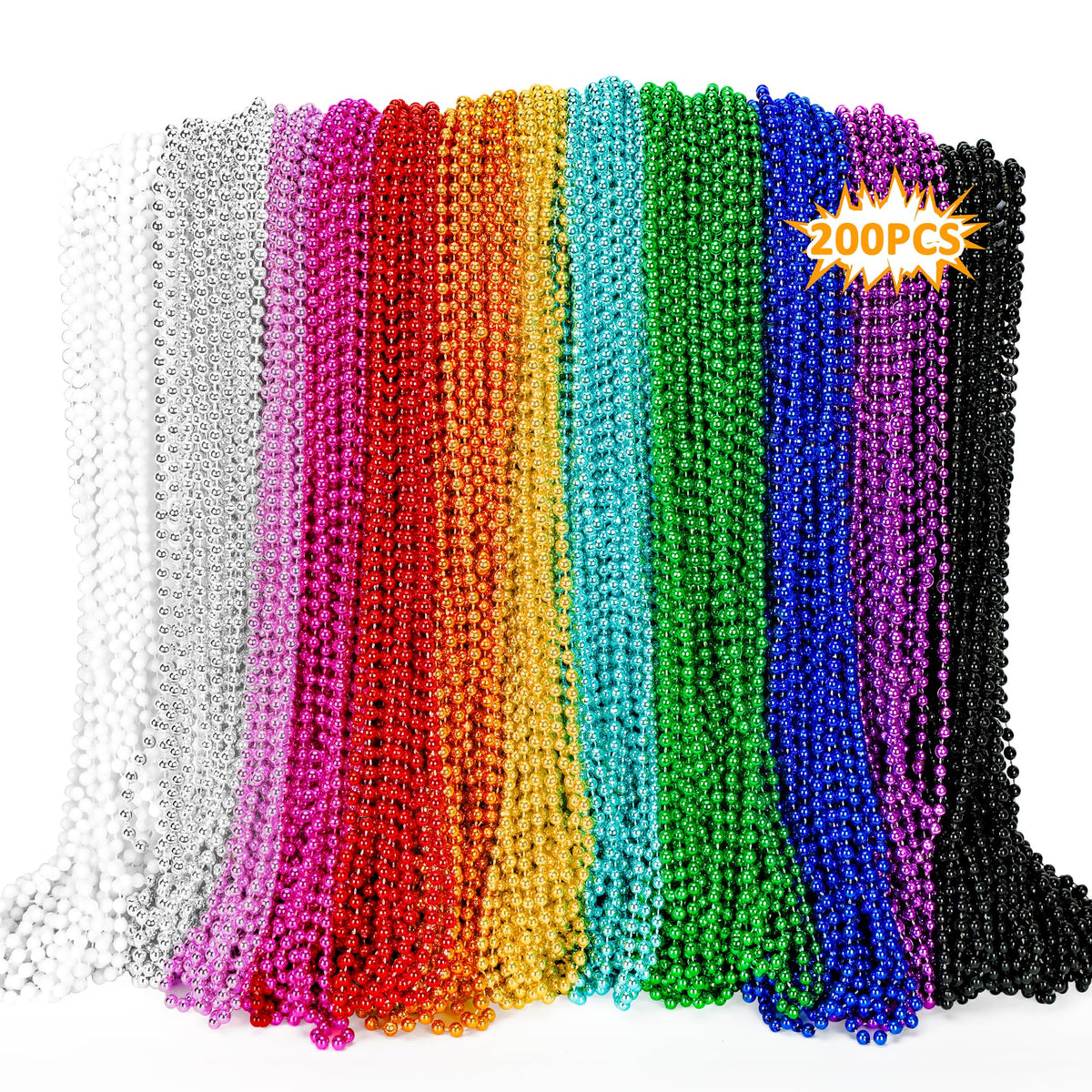 EOBOH 200Pcs Mardi Gras Beads - 33-inch Metallic Necklaces, 10 Colors