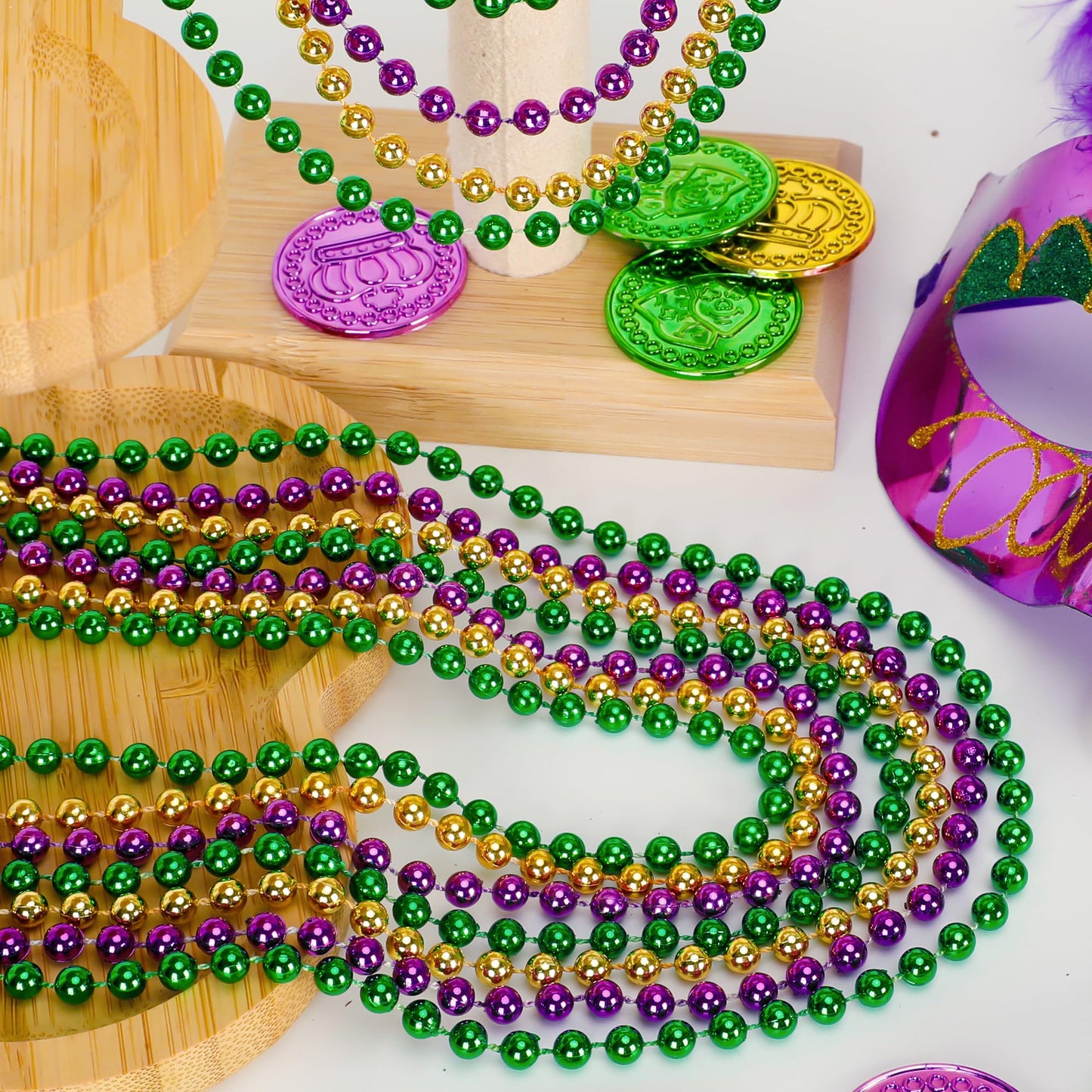 EOBOH 200PCS Mardi Gras Beads – Green Purple Gold Metallic Necklaces for Parade Throws