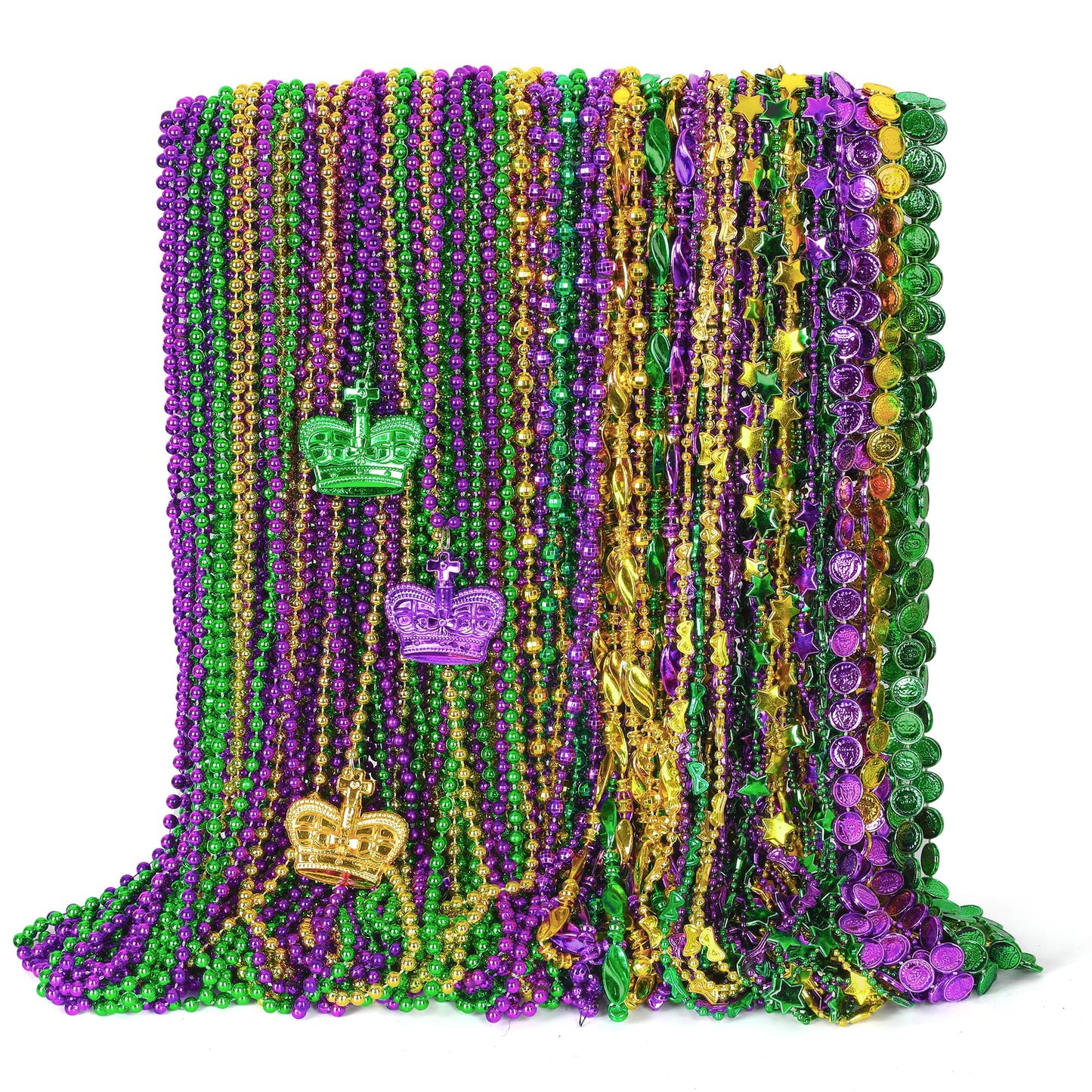EOBOH 48PCS Mardi Gras Beads – 33-Inch Metallic Green Purple Gold Necklaces (Coins & Masks) Bulk Party Accessories