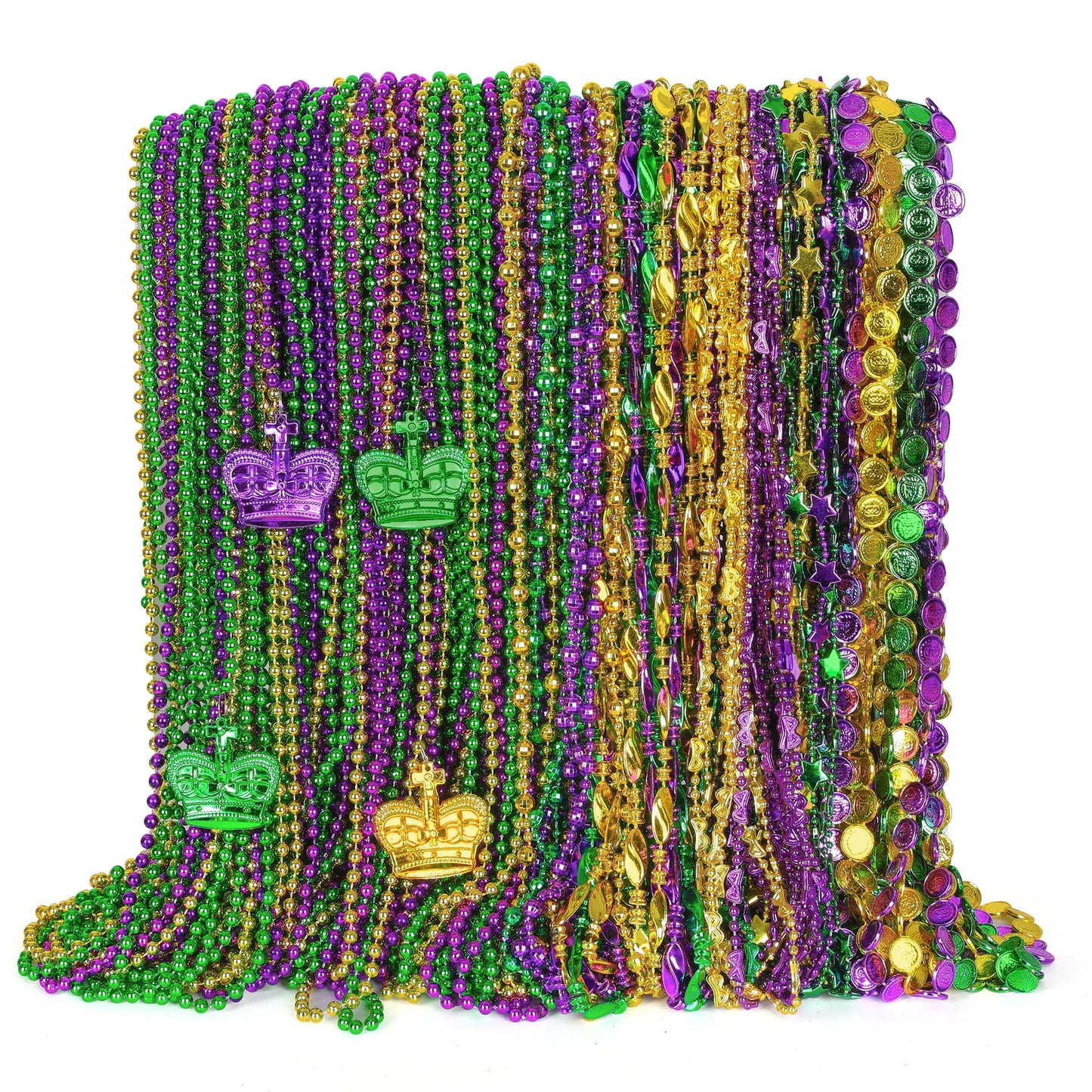 EOBOH 100PCS Mardi Gras Beads & Masks — 11 Types Parade Necklaces in Metallic Green, Purple & Gold