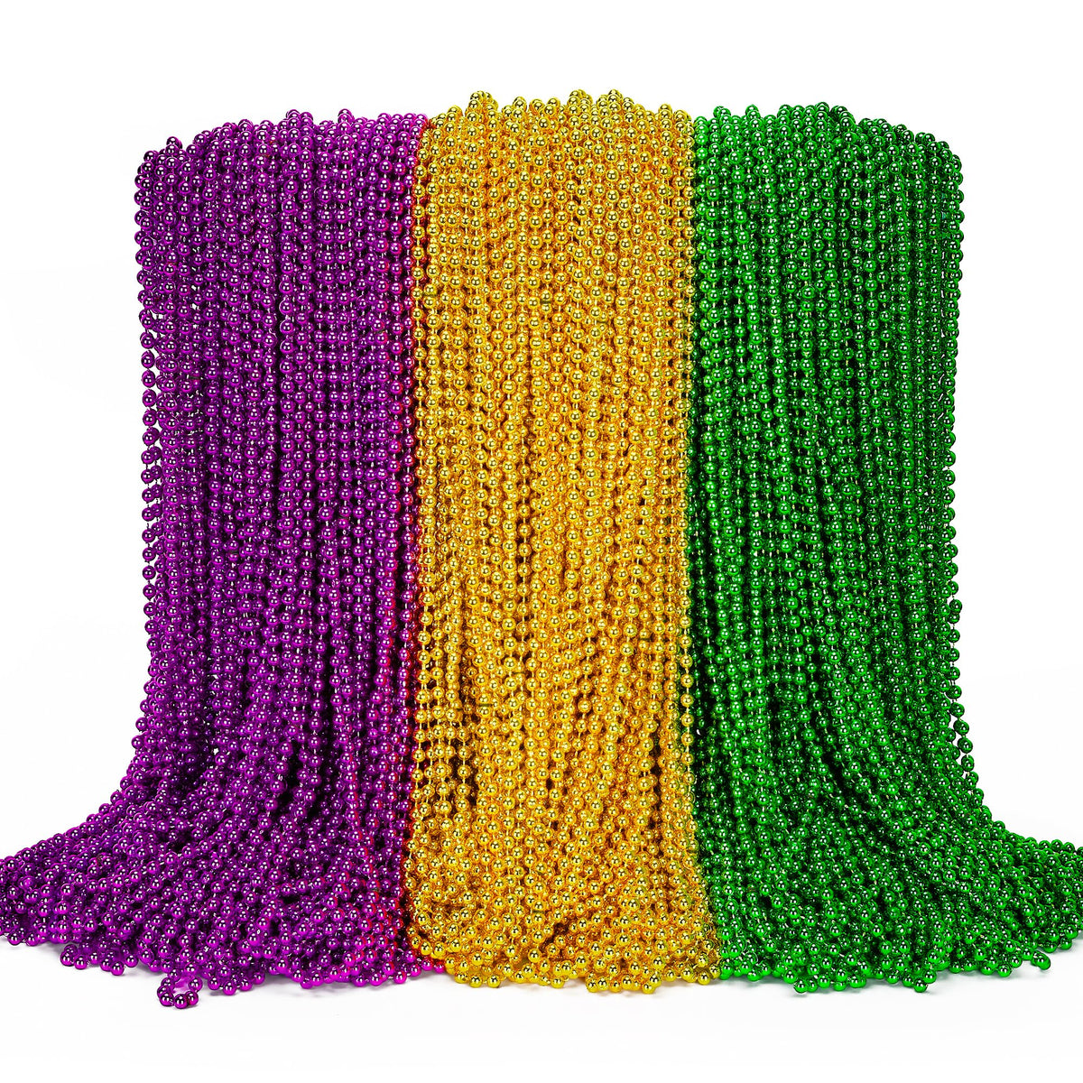 EOBOH 144PCS Mardi Gras Beads – Green Purple Gold Metallic Necklaces Bulk for Parades, Parties & Throws