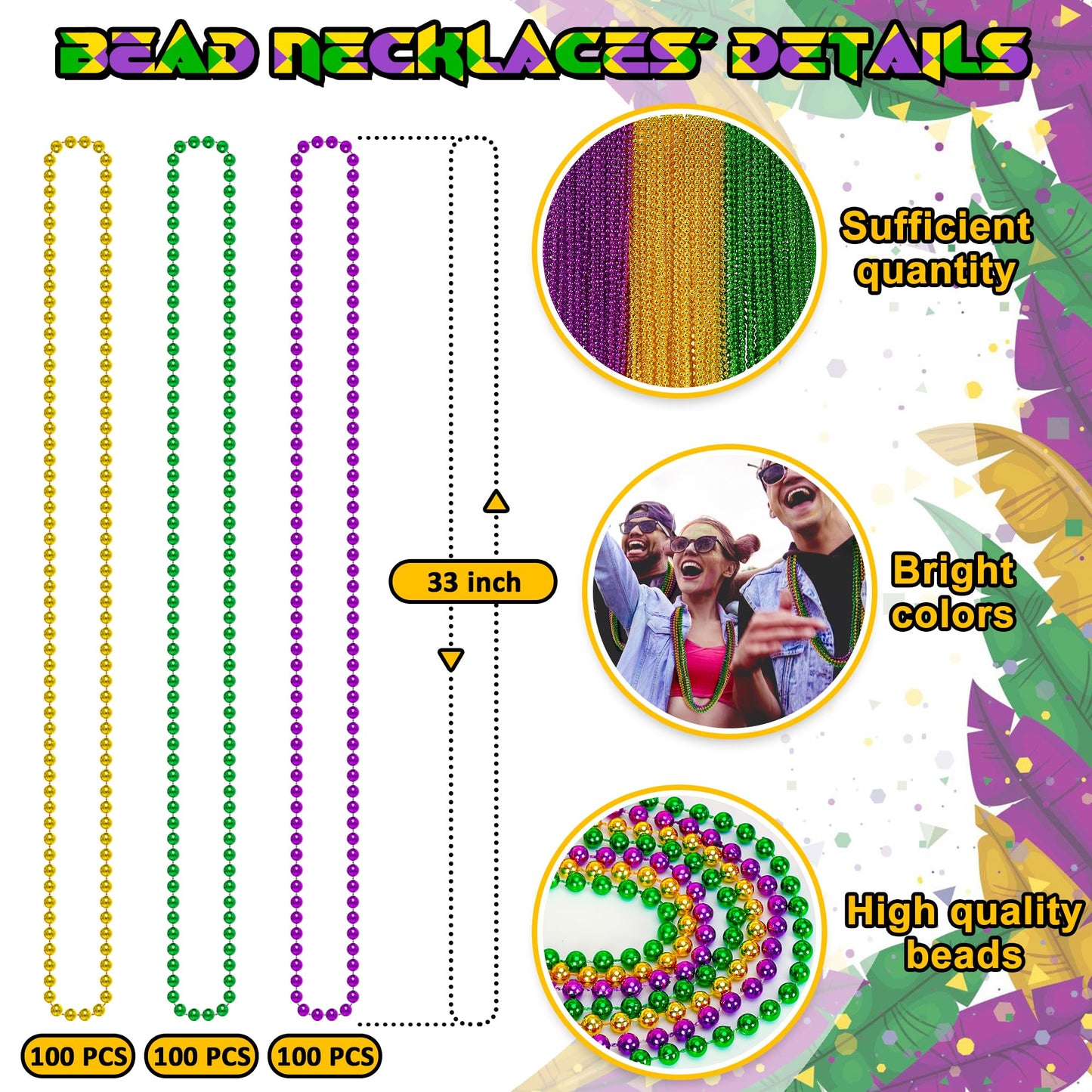 EOBOH 300Pcs Mardi Gras Beads — 3 Styles Metallic Green Purple Gold, 33-Inch Bulk Beads for Parades & Parties